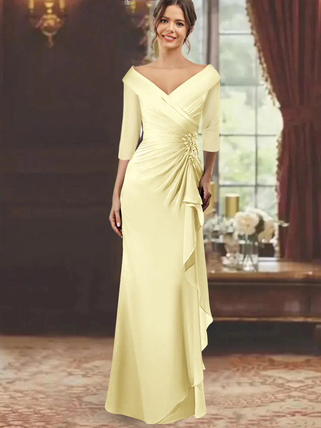 Sheath/Column V-Neck Half Sleeves Floor-Length Mother of the Bride Dresses with Ruffles & Appliques - Image 36