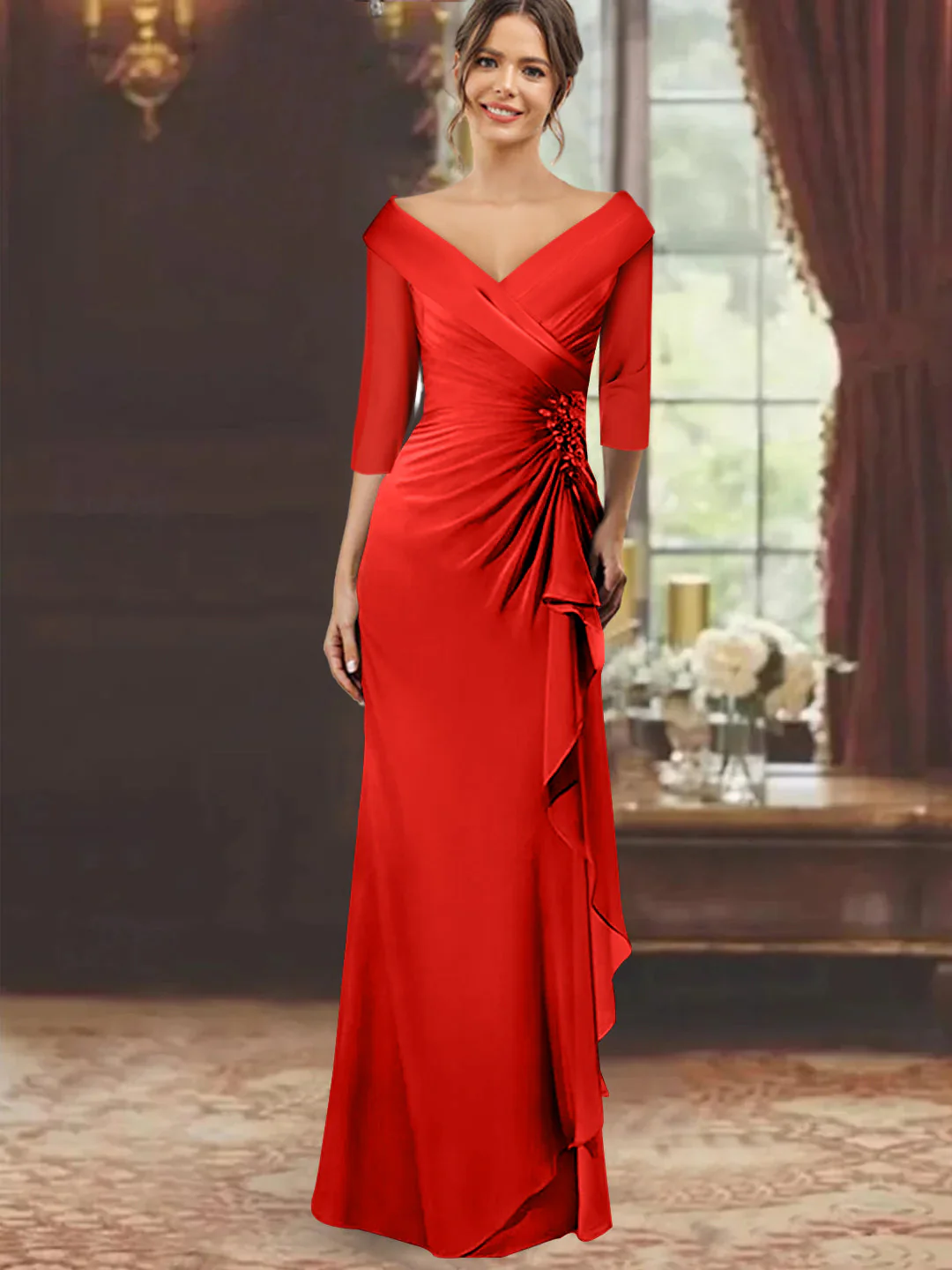 Sheath/Column V-Neck Half Sleeves Floor-Length Mother of the Bride Dresses with Ruffles & Appliques - Image 49