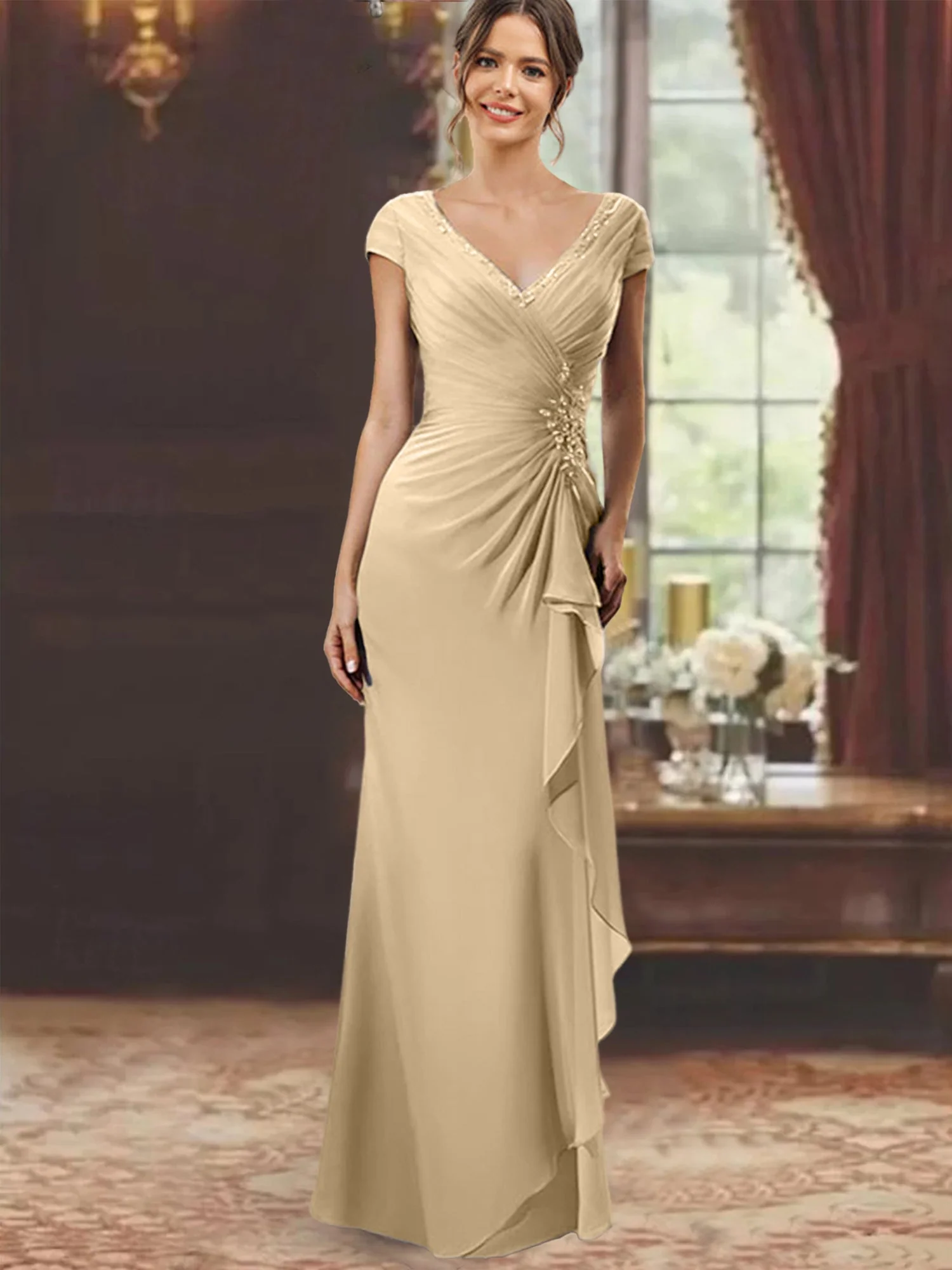 Sheath/Column V-Neck Floor-Length Mother of the Bride Dresses with Short Sleeves - Image 11