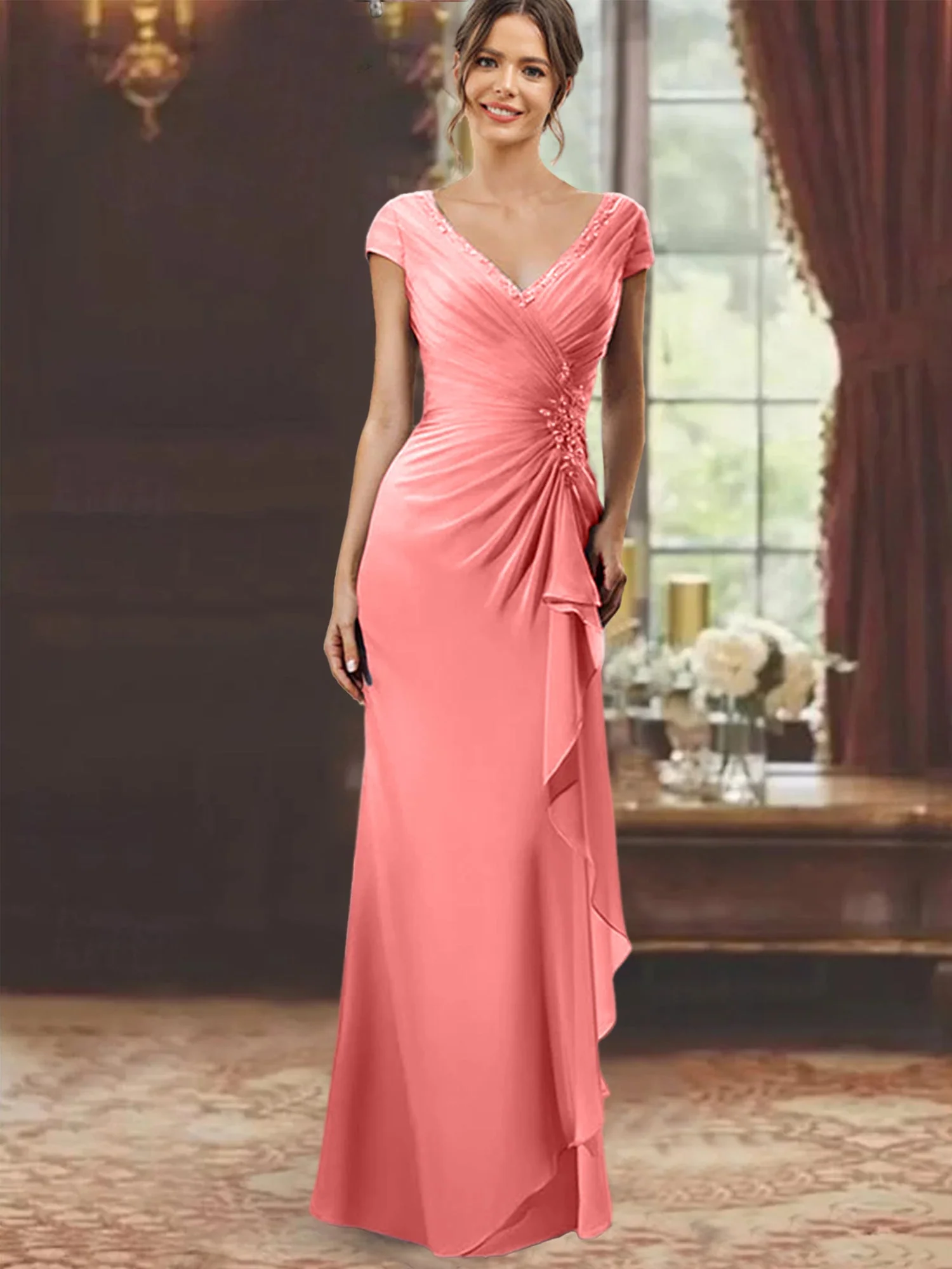 Sheath/Column V-Neck Floor-Length Mother of the Bride Dresses with Short Sleeves - Image 12