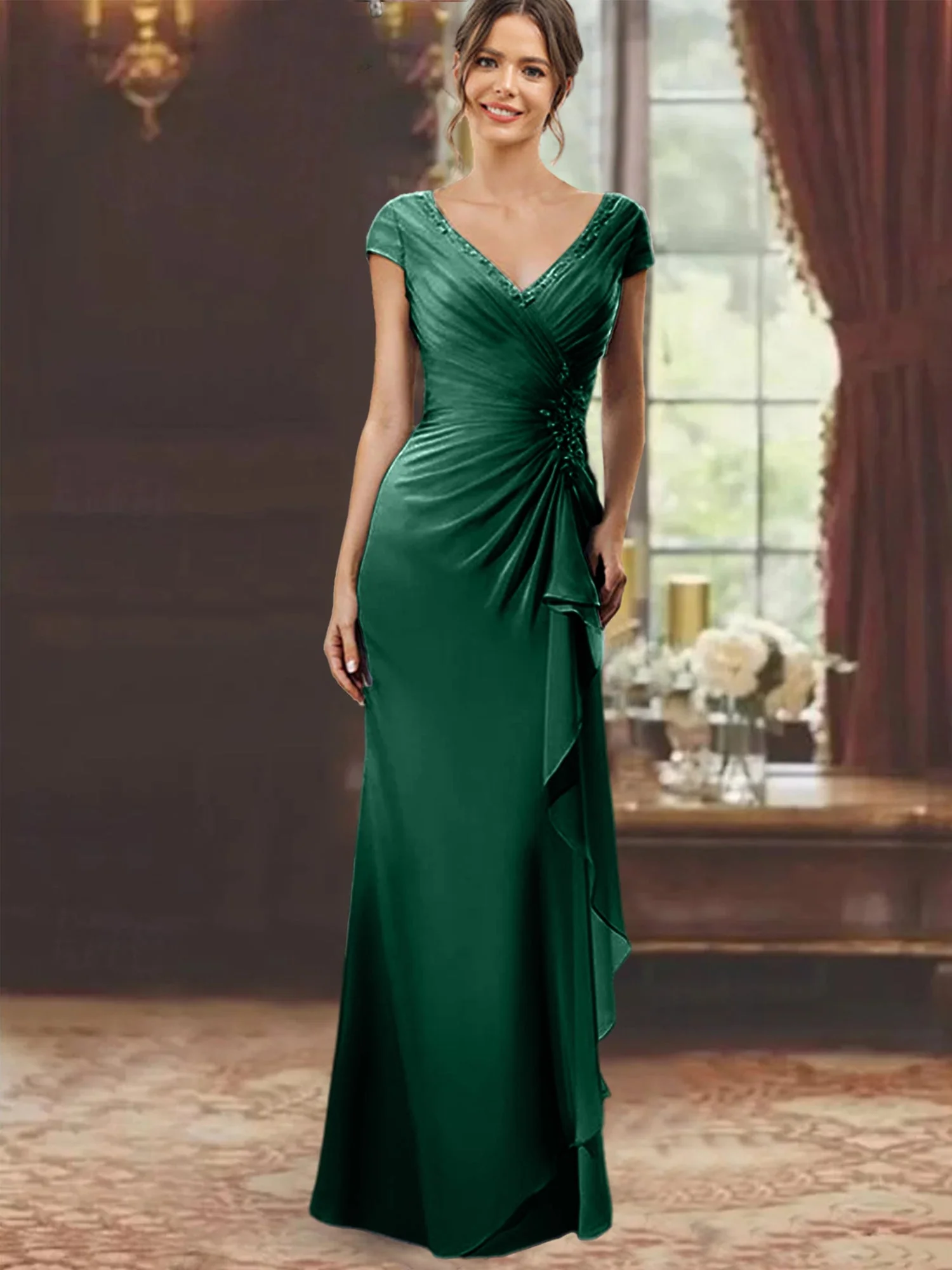 Sheath/Column V-Neck Floor-Length Mother of the Bride Dresses with Short Sleeves - Image 13