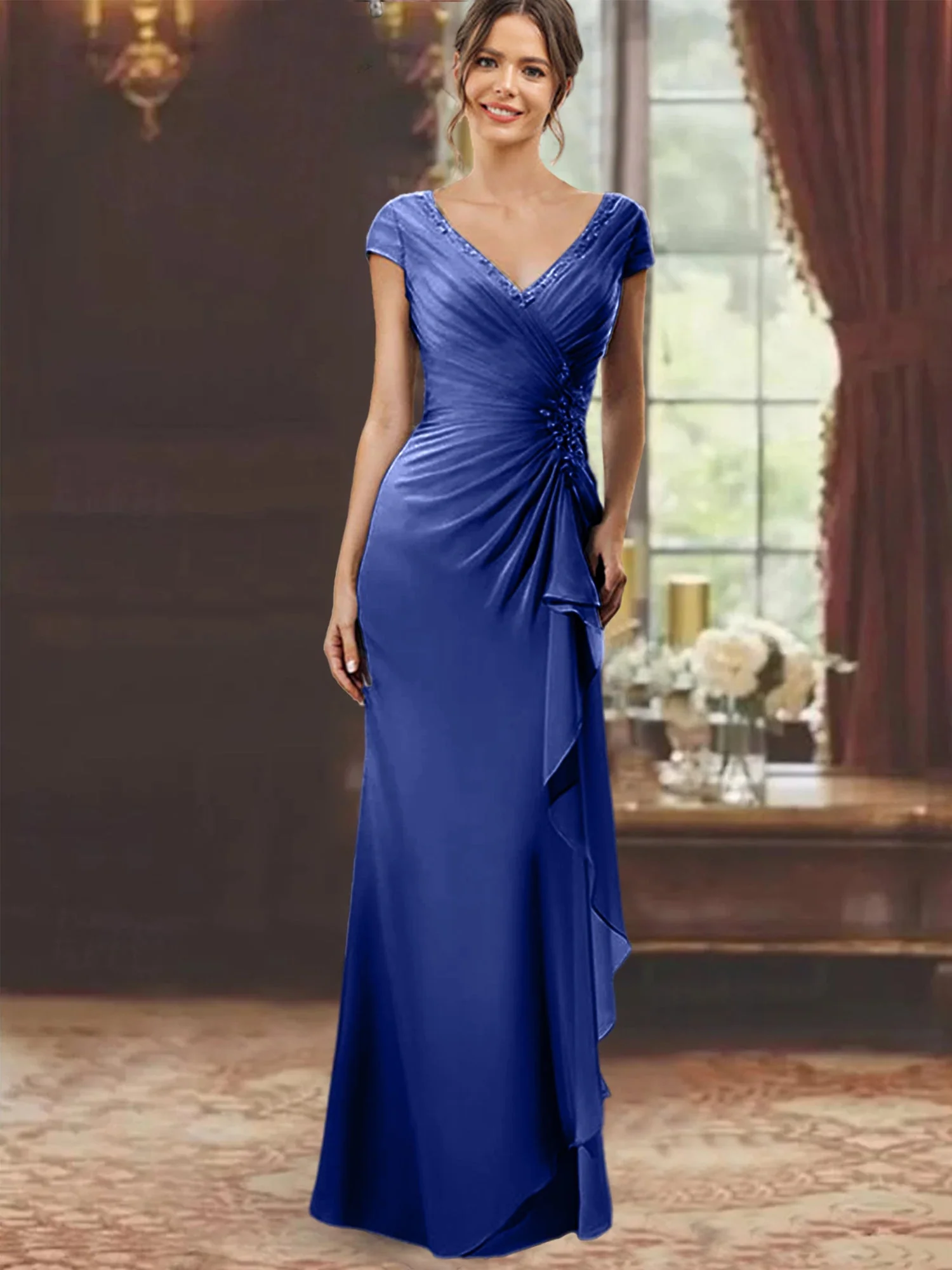 Sheath/Column V-Neck Floor-Length Mother of the Bride Dresses with Short Sleeves - Image 14