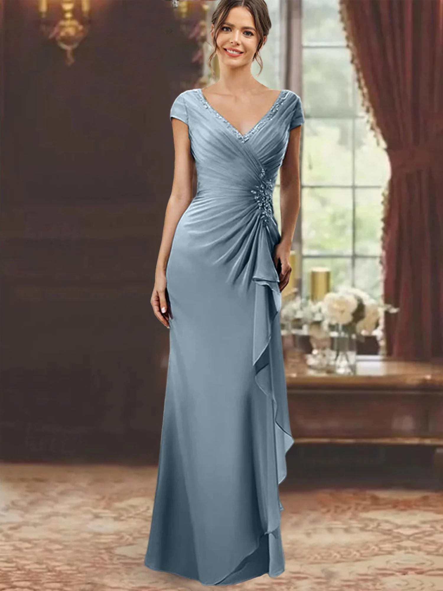 Sheath/Column V-Neck Floor-Length Mother of the Bride Dresses with Short Sleeves - Image 15