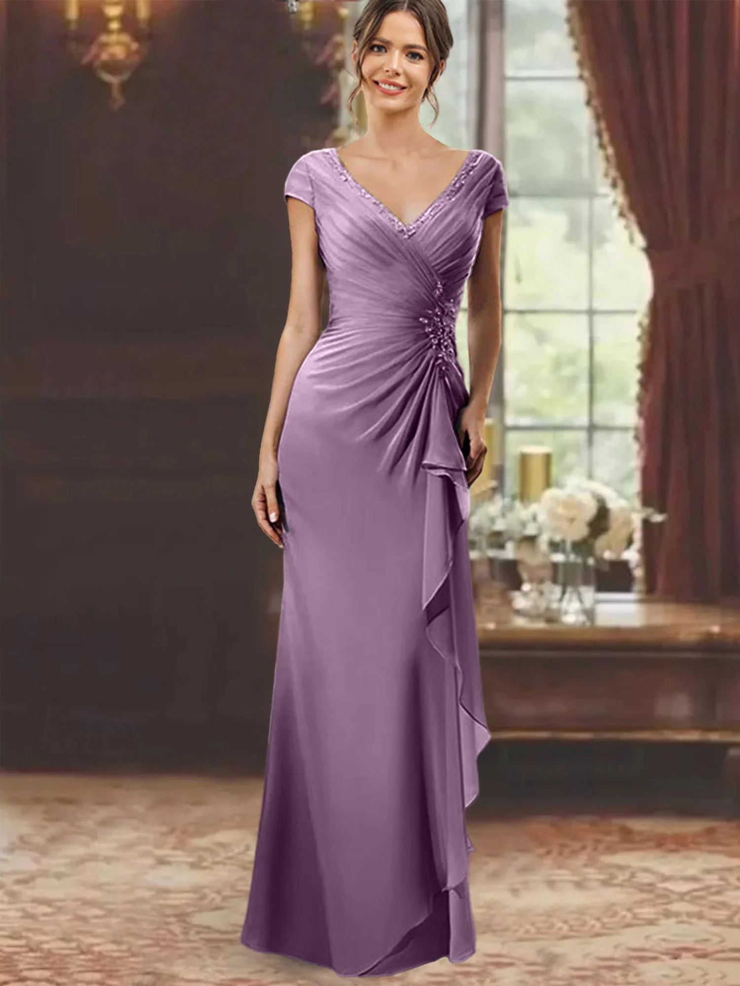Sheath/Column V-Neck Floor-Length Mother of the Bride Dresses with Short Sleeves - Image 17