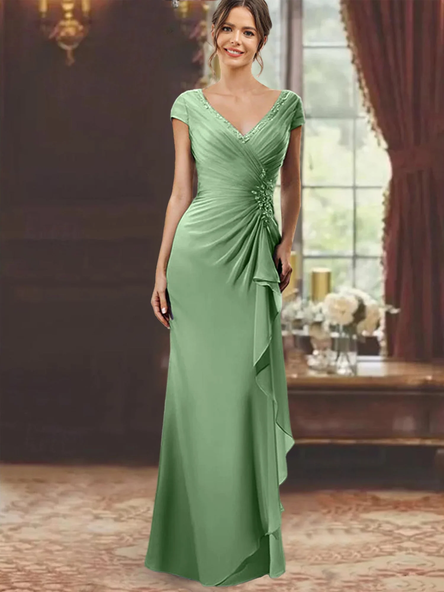 Sheath/Column V-Neck Floor-Length Mother of the Bride Dresses with Short Sleeves - Image 19
