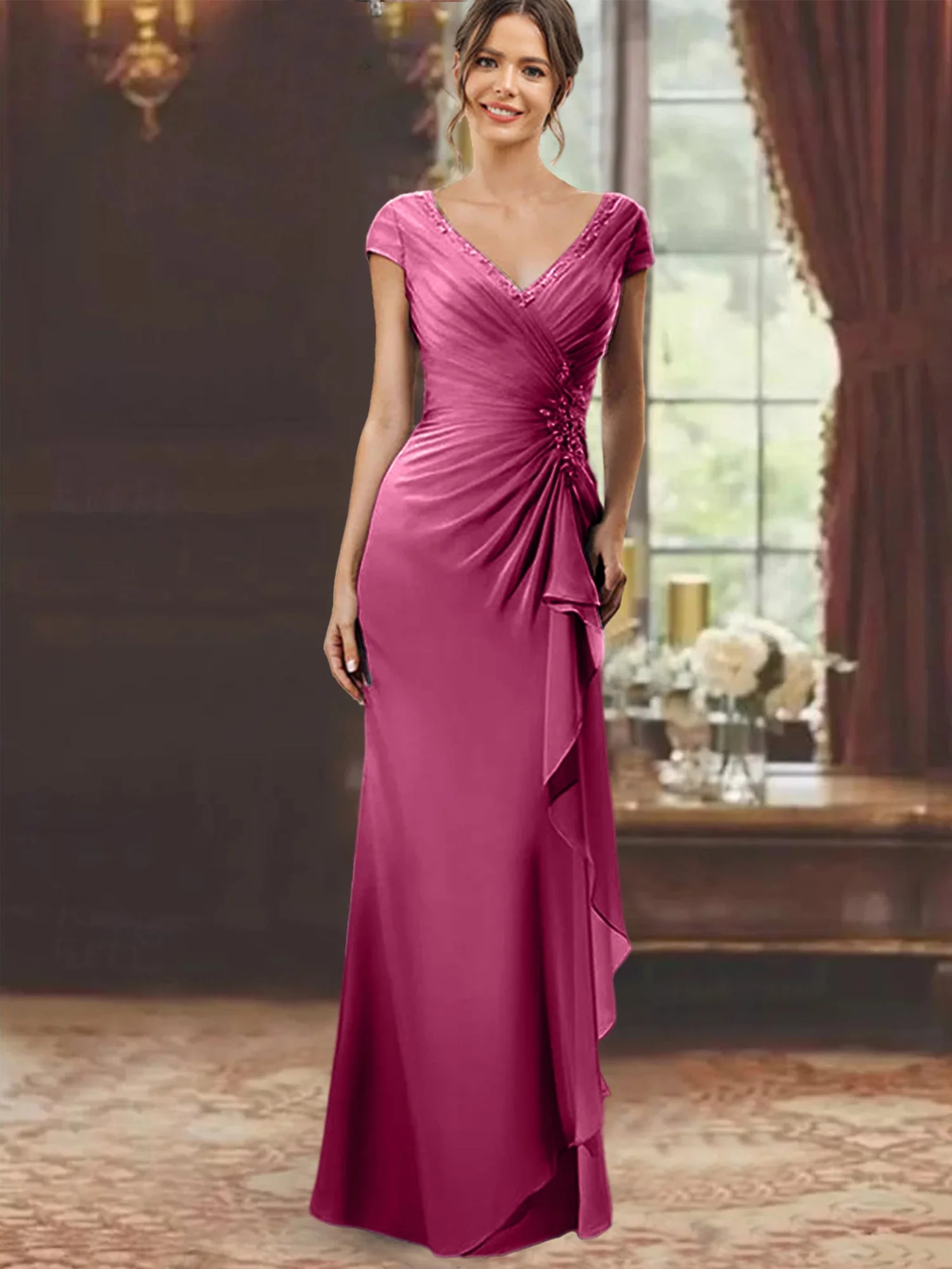 Sheath/Column V-Neck Floor-Length Mother of the Bride Dresses with Short Sleeves - Image 22