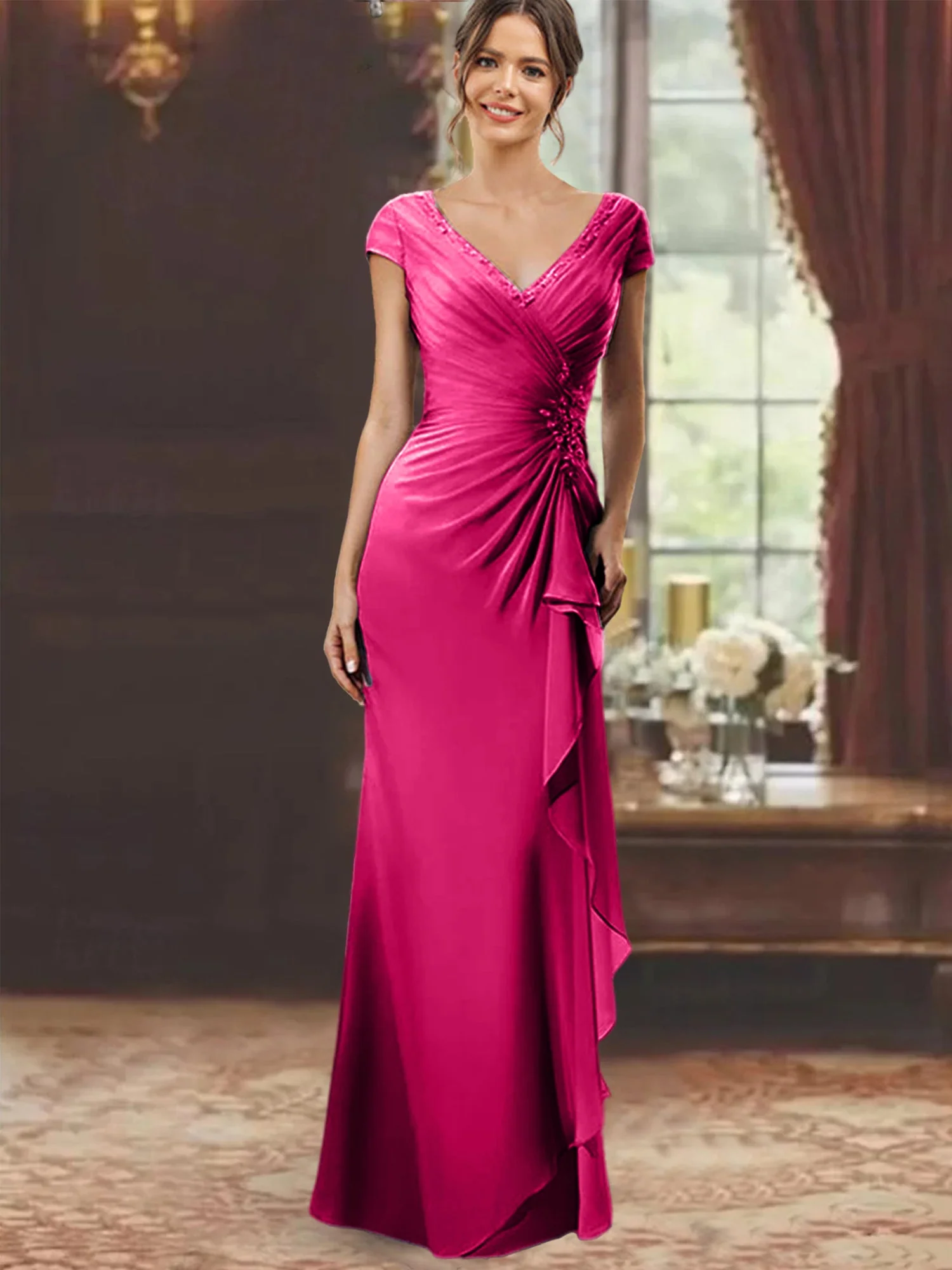 Sheath/Column V-Neck Floor-Length Mother of the Bride Dresses with Short Sleeves - Image 23
