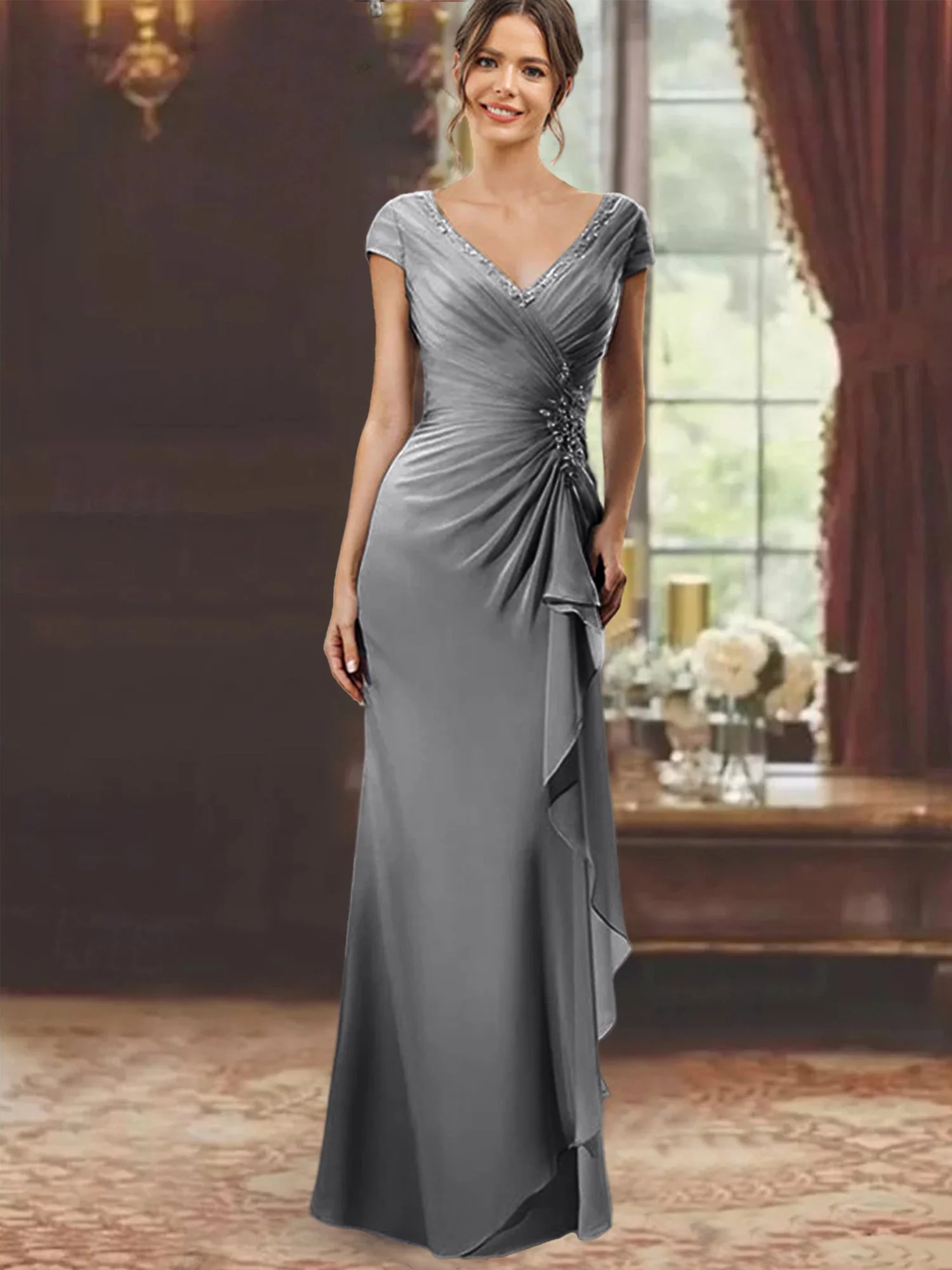 Sheath/Column V-Neck Floor-Length Mother of the Bride Dresses with Short Sleeves - Image 26