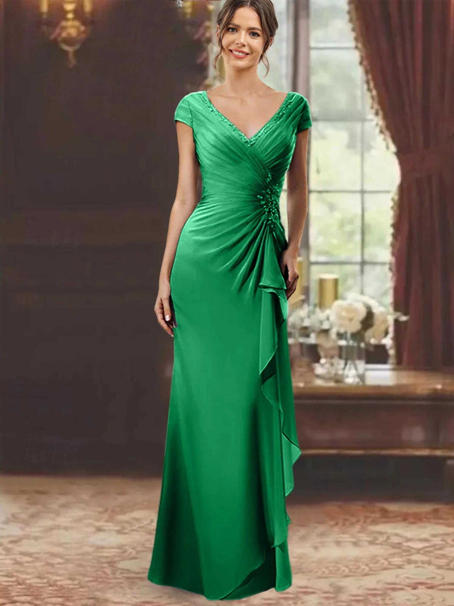 Sheath/Column V-Neck Floor-Length Mother of the Bride Dresses with Short Sleeves - Image 27