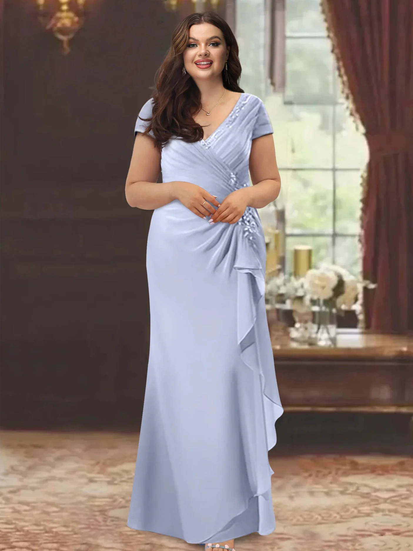 Sheath/Column V-Neck Floor-Length Mother of the Bride Dresses with Short Sleeves - Image 3