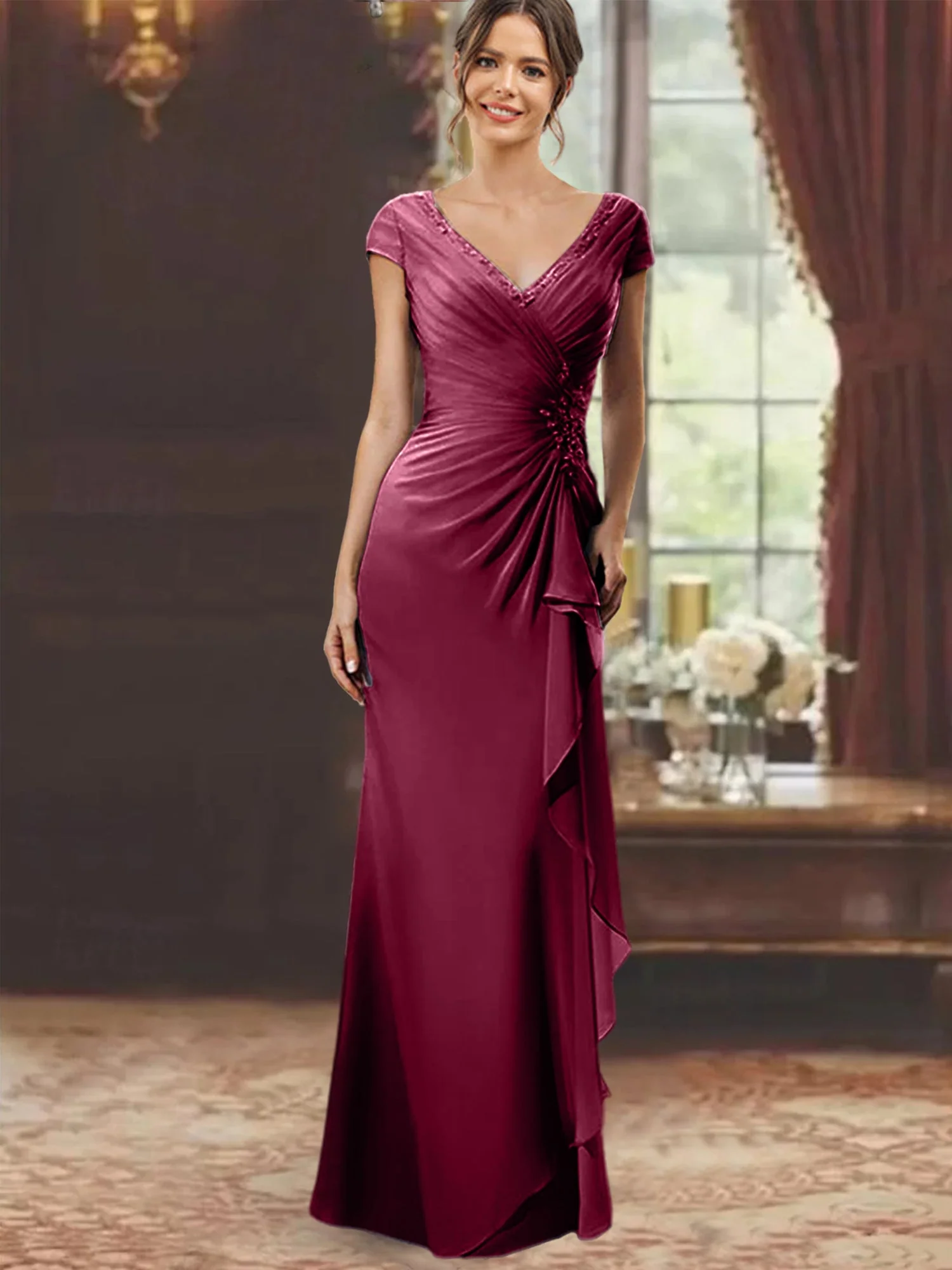 Sheath/Column V-Neck Floor-Length Mother of the Bride Dresses with Short Sleeves - Image 30