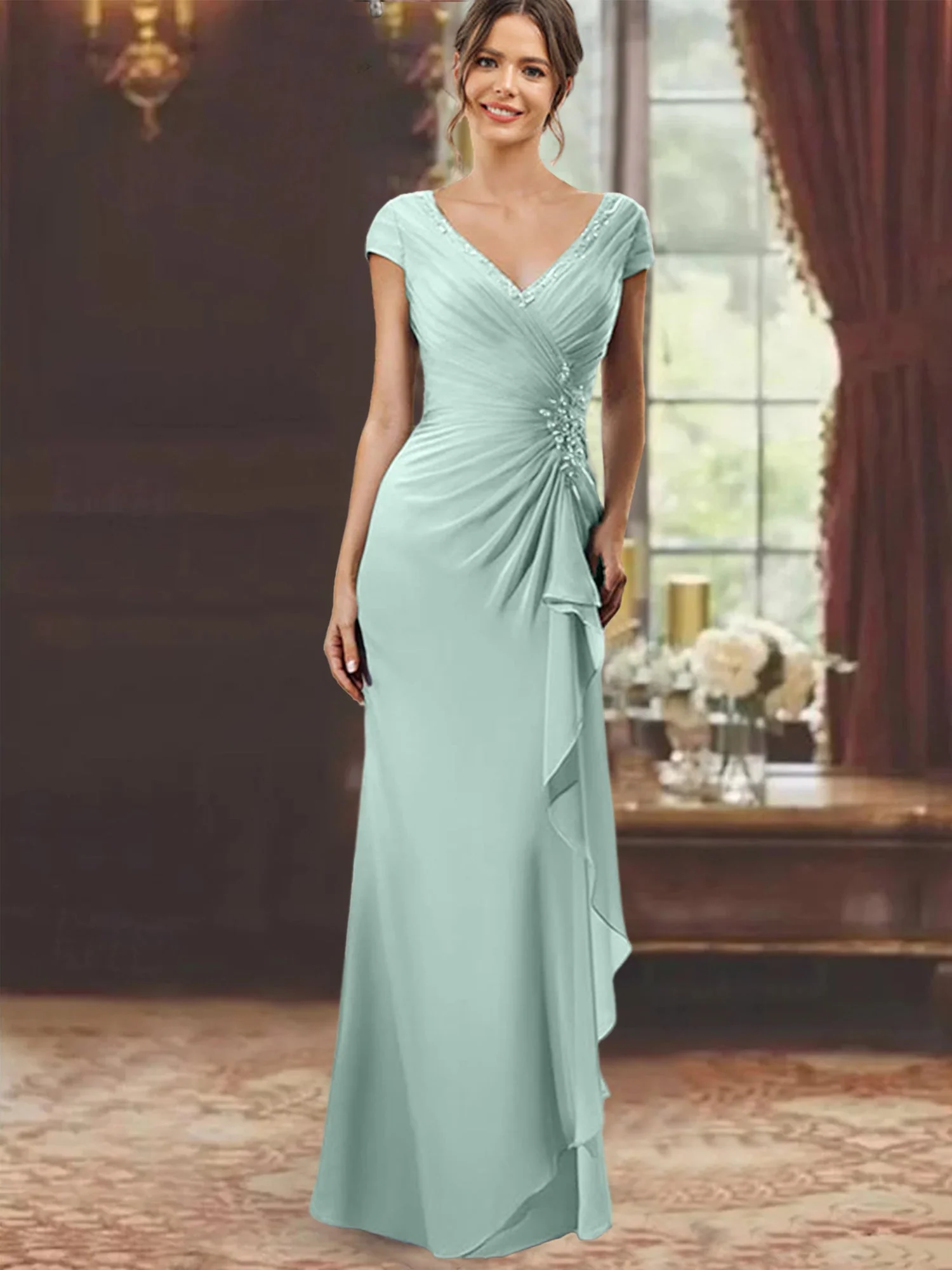 Sheath/Column V-Neck Floor-Length Mother of the Bride Dresses with Short Sleeves - Image 39