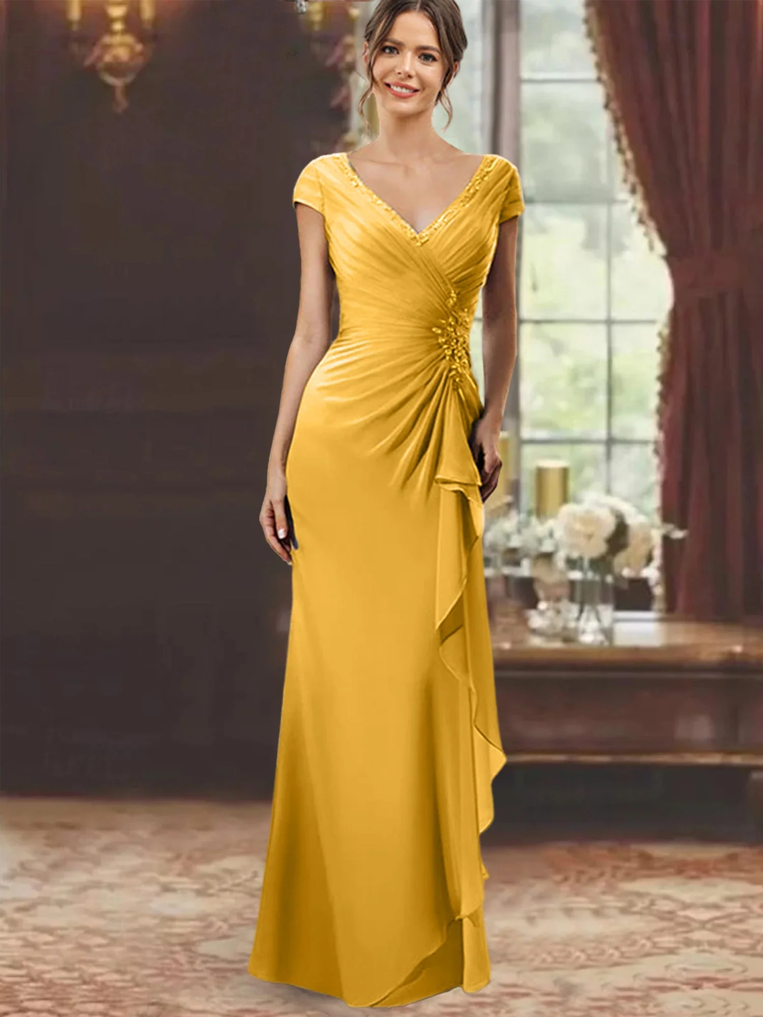 Sheath/Column V-Neck Floor-Length Mother of the Bride Dresses with Short Sleeves - Image 41