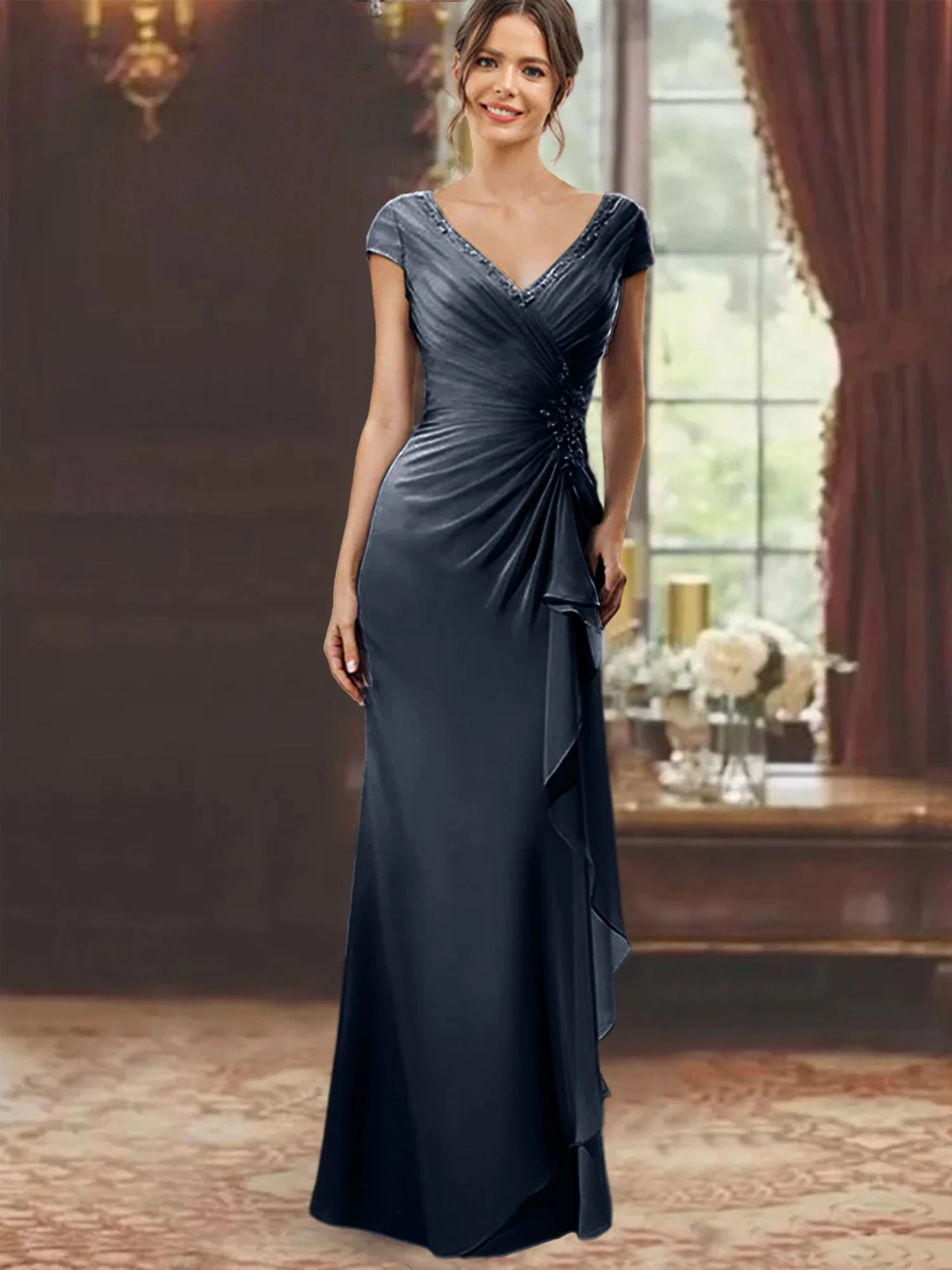 Sheath/Column V-Neck Floor-Length Mother of the Bride Dresses with Short Sleeves - Image 42