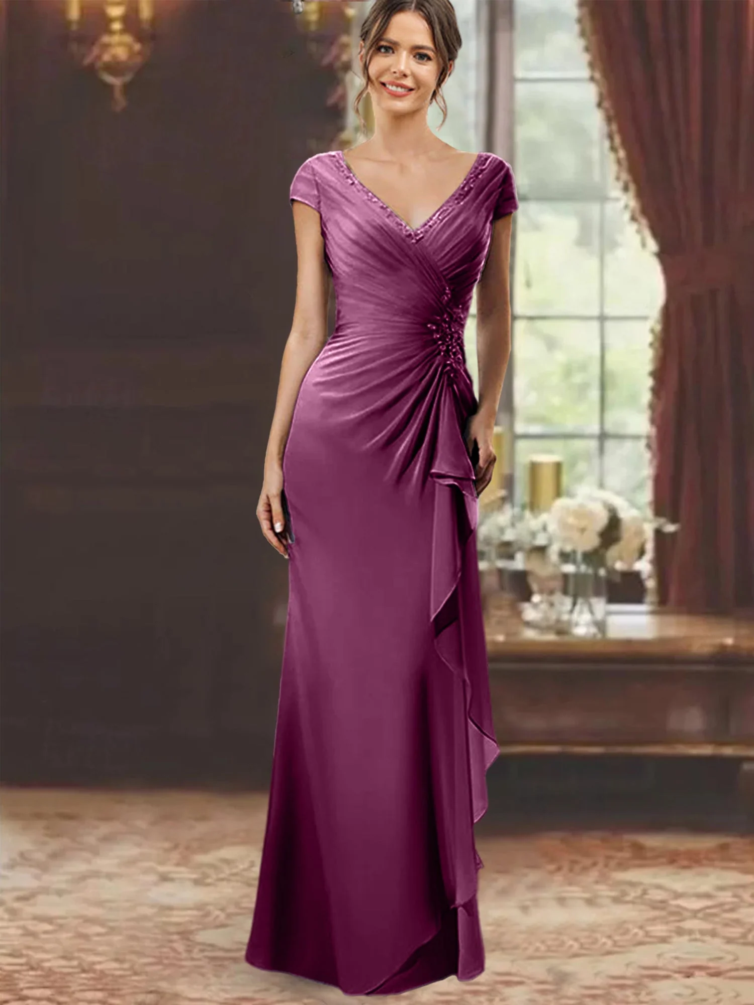 Sheath/Column V-Neck Floor-Length Mother of the Bride Dresses with Short Sleeves - Image 47