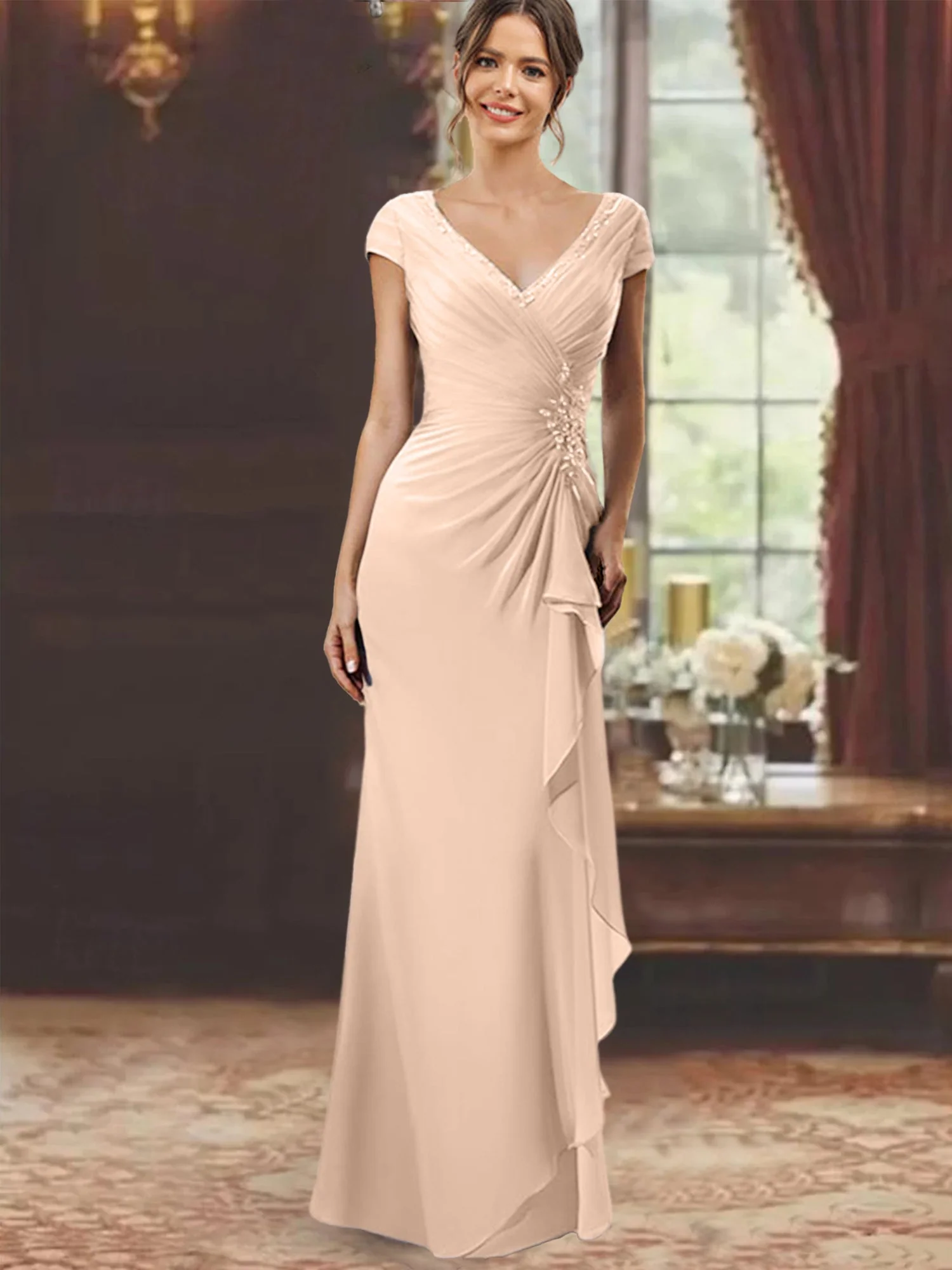 Sheath/Column V-Neck Floor-Length Mother of the Bride Dresses with Short Sleeves - Image 48
