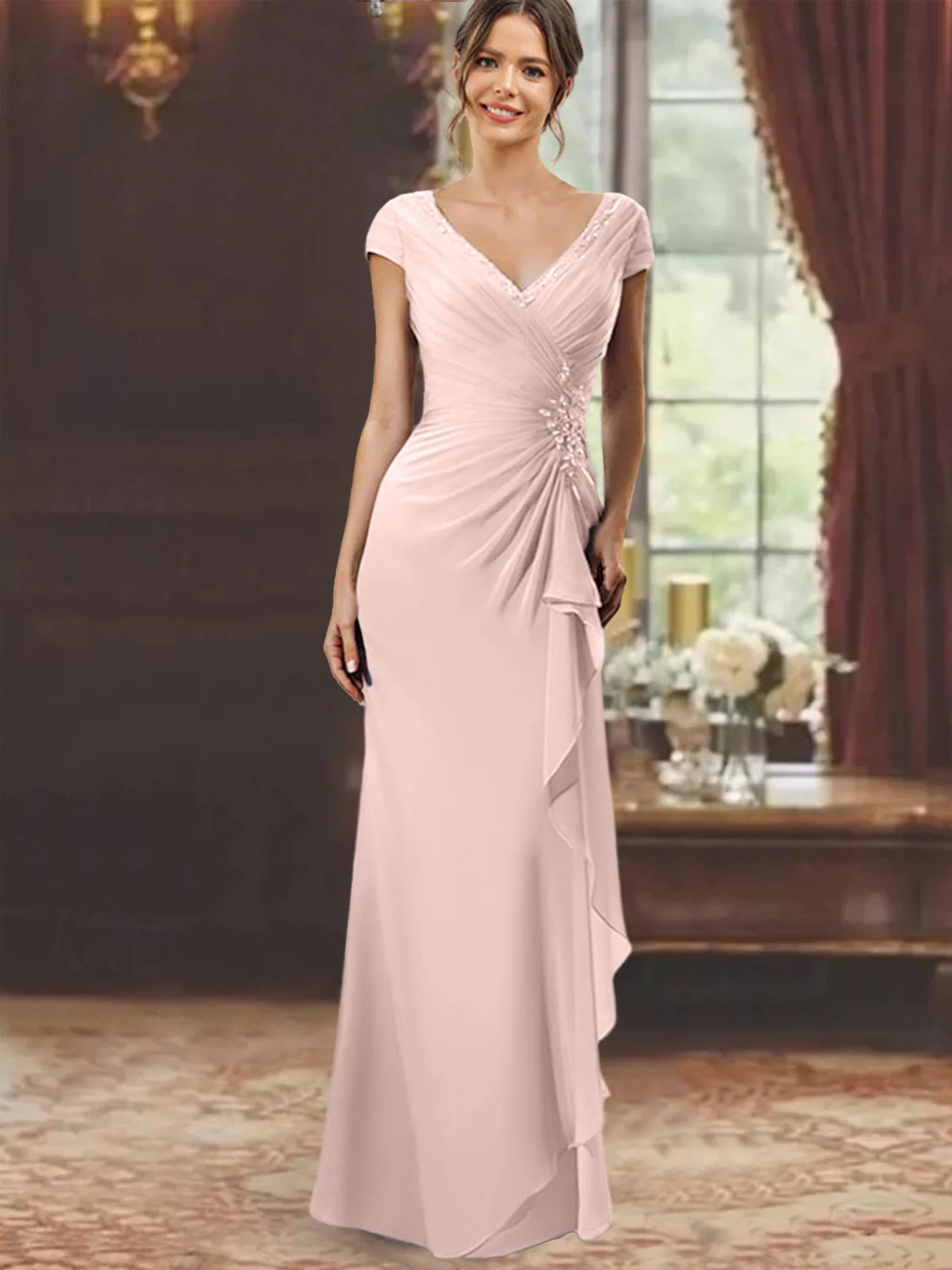 Sheath/Column V-Neck Floor-Length Mother of the Bride Dresses with Short Sleeves - Image 50