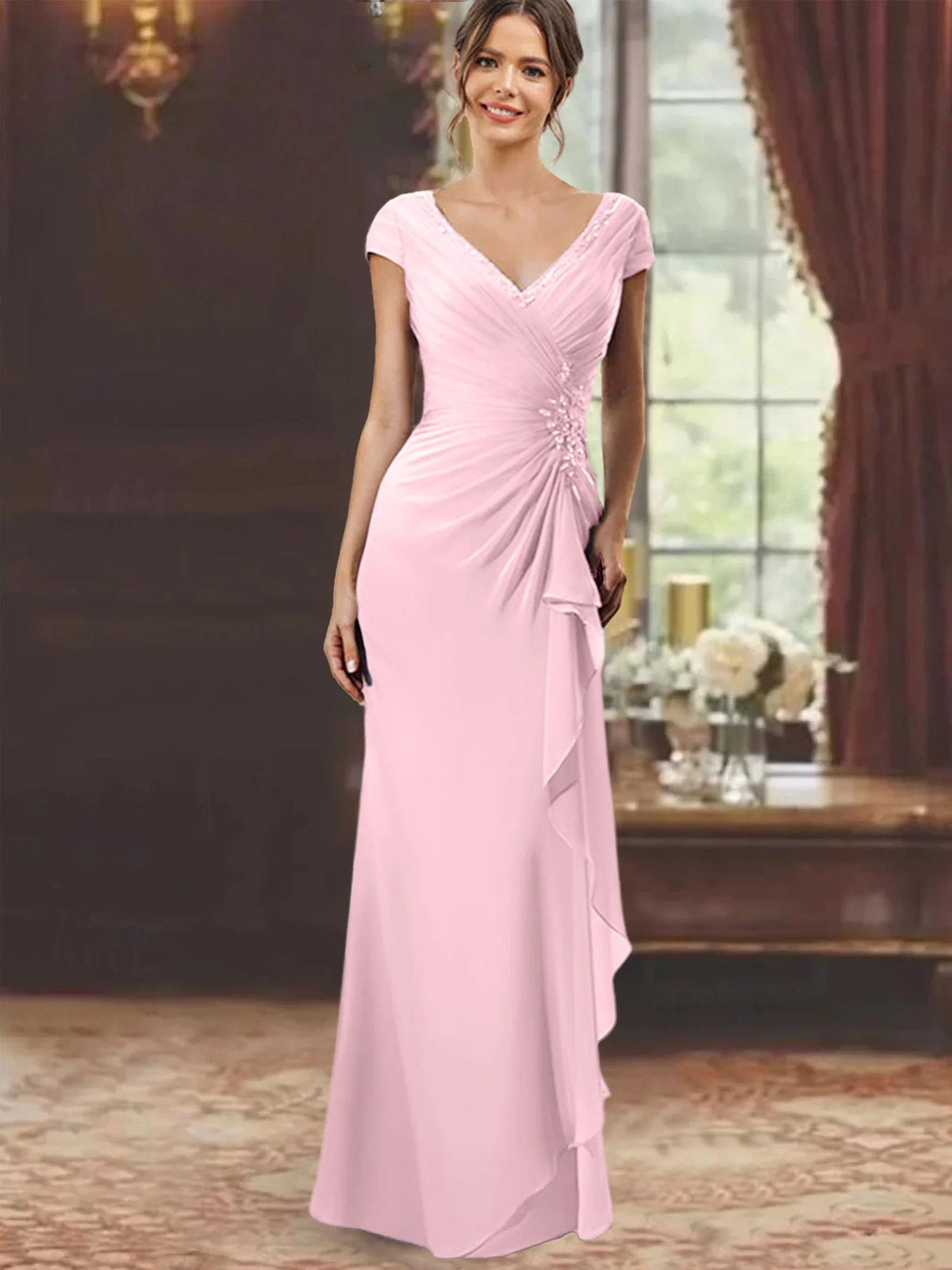 Sheath/Column V-Neck Floor-Length Mother of the Bride Dresses with Short Sleeves - Image 51