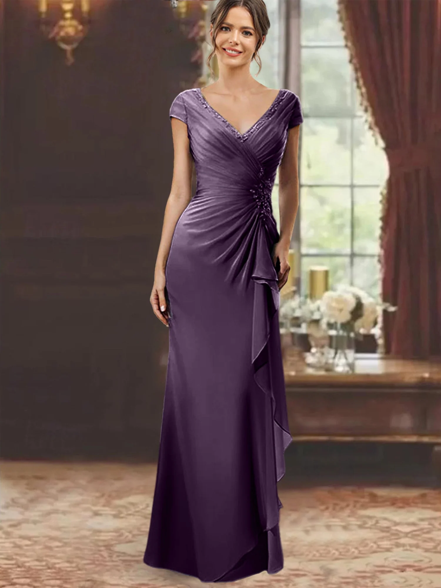 Sheath/Column V-Neck Floor-Length Mother of the Bride Dresses with Short Sleeves - Image 52