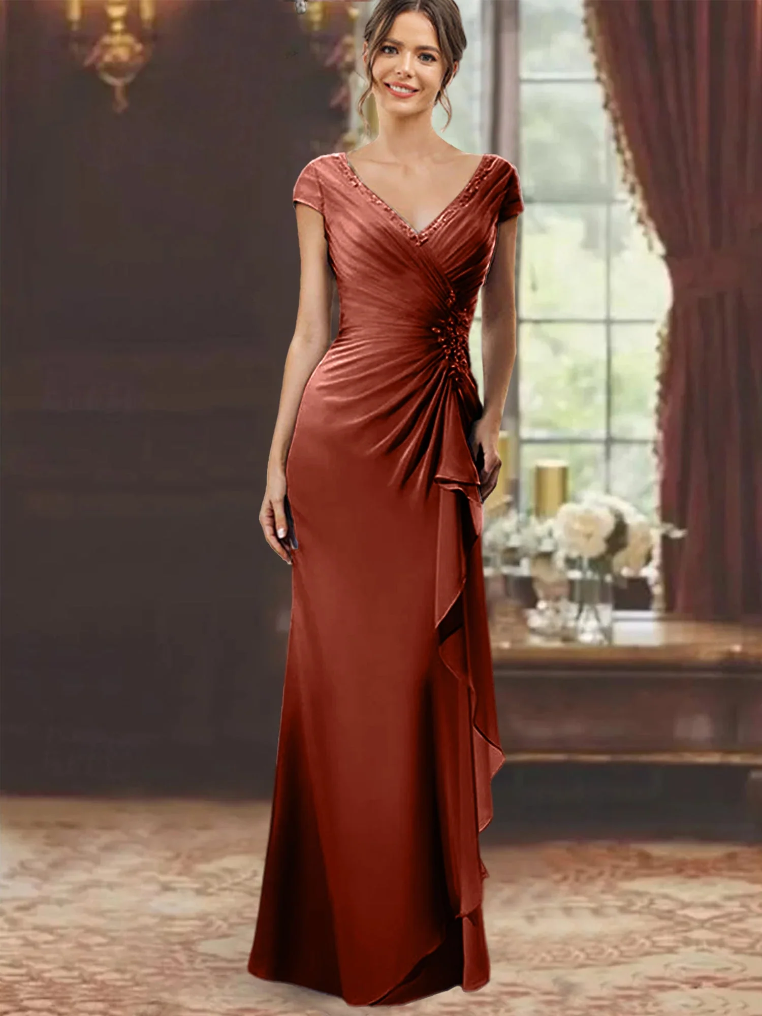 Sheath/Column V-Neck Floor-Length Mother of the Bride Dresses with Short Sleeves - Image 56