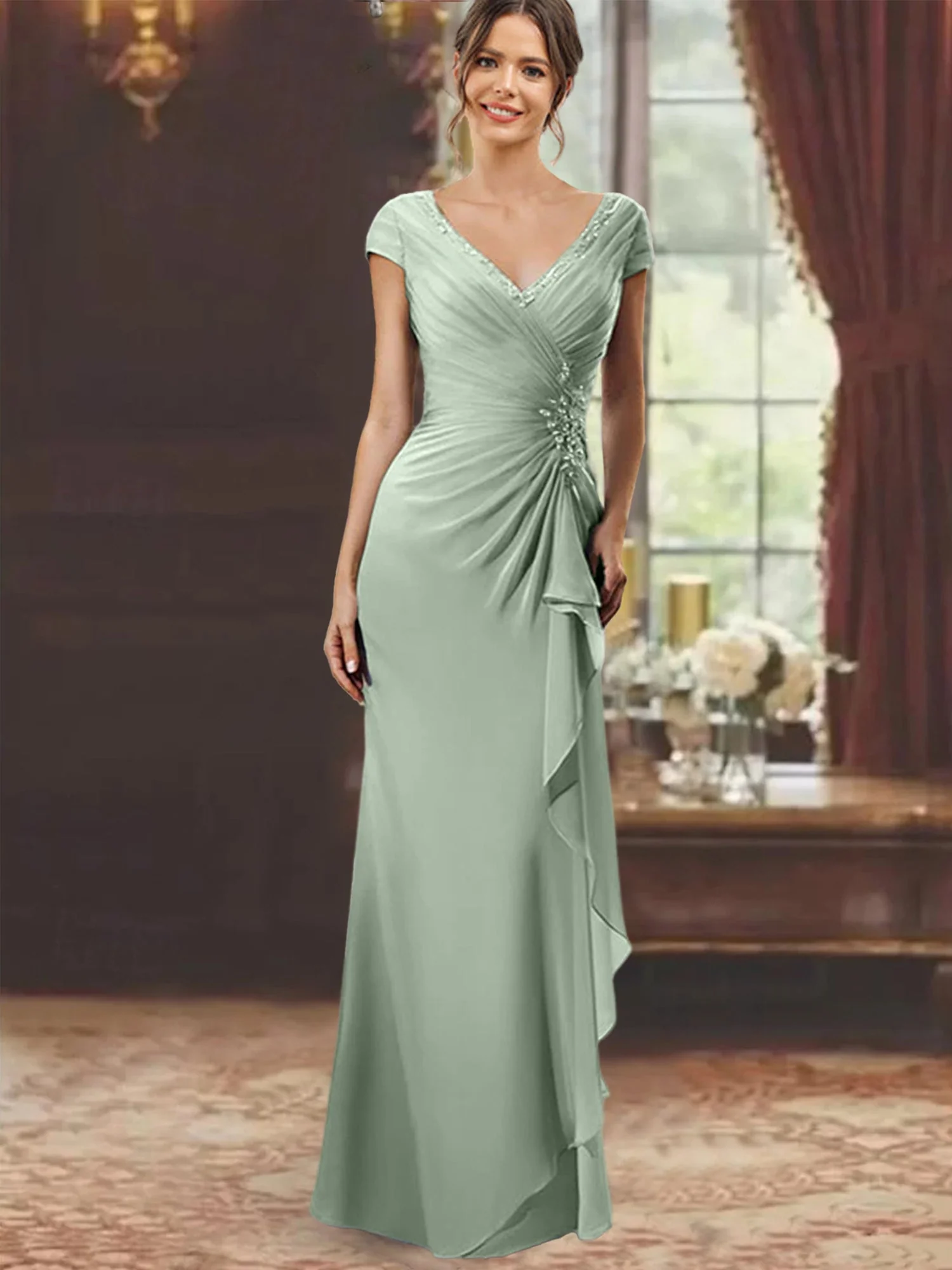 Sheath/Column V-Neck Floor-Length Mother of the Bride Dresses with Short Sleeves - Image 57