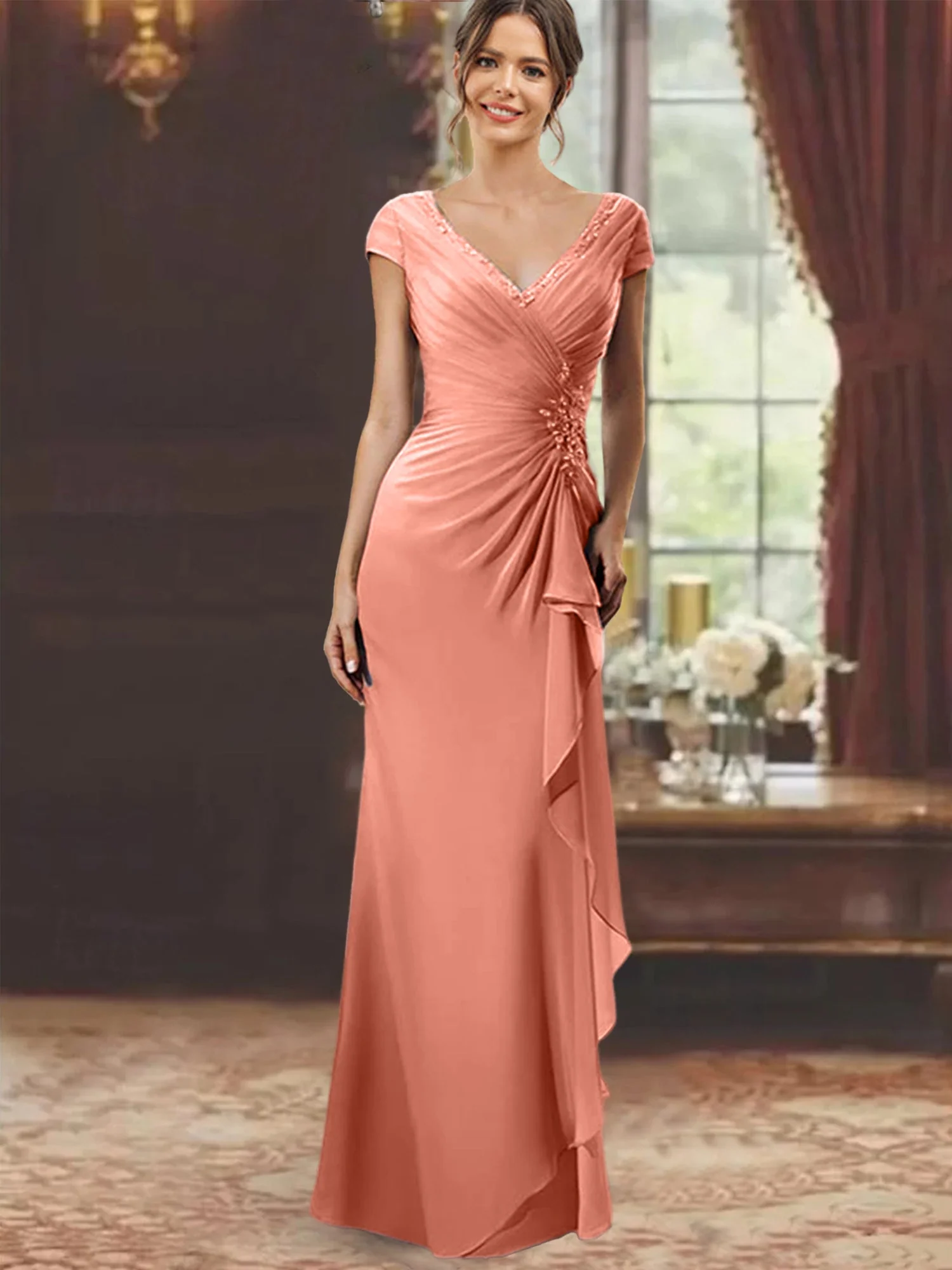 Sheath/Column V-Neck Floor-Length Mother of the Bride Dresses with Short Sleeves - Image 58