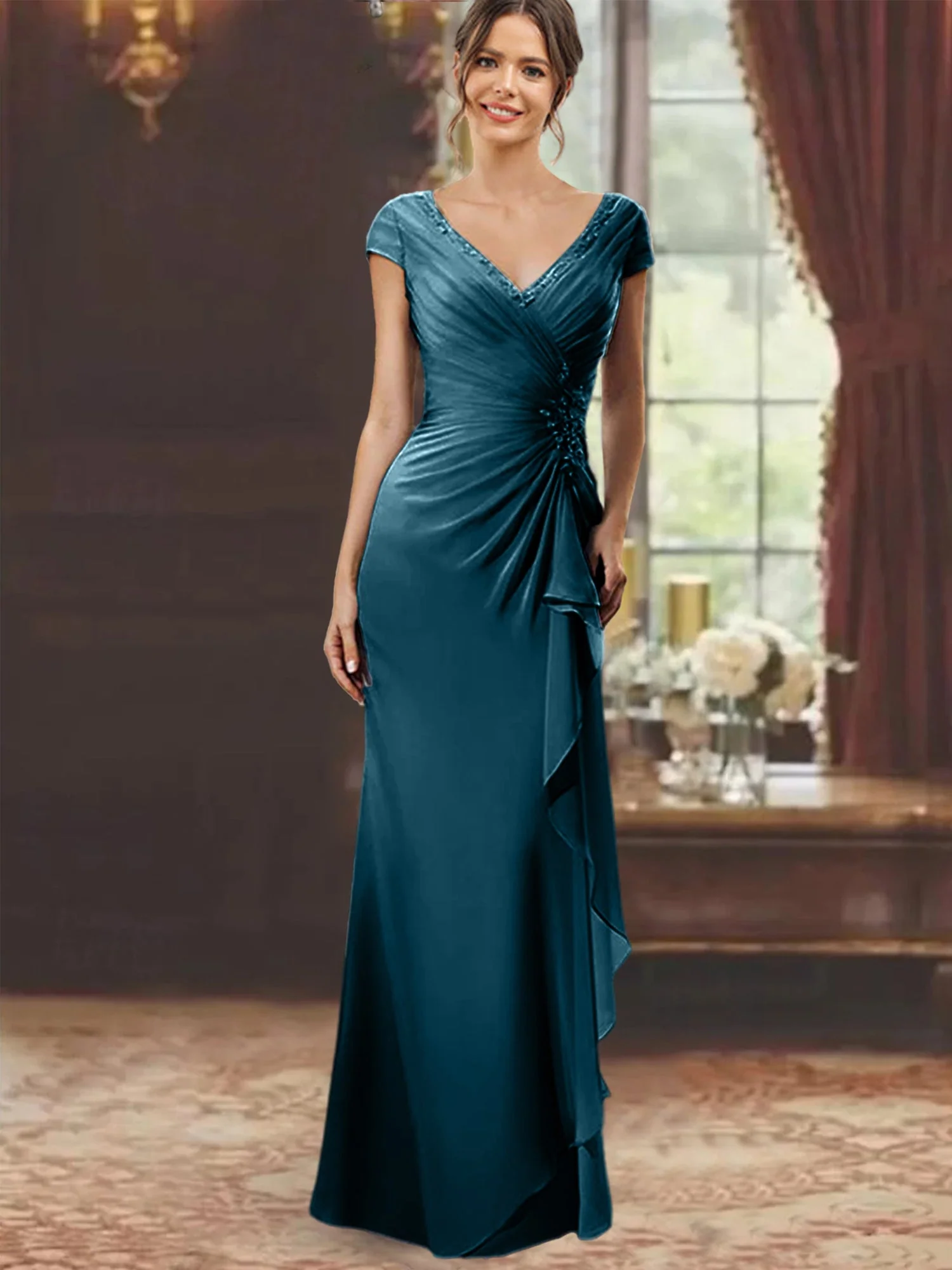 Sheath/Column V-Neck Floor-Length Mother of the Bride Dresses with Short Sleeves - Image 65
