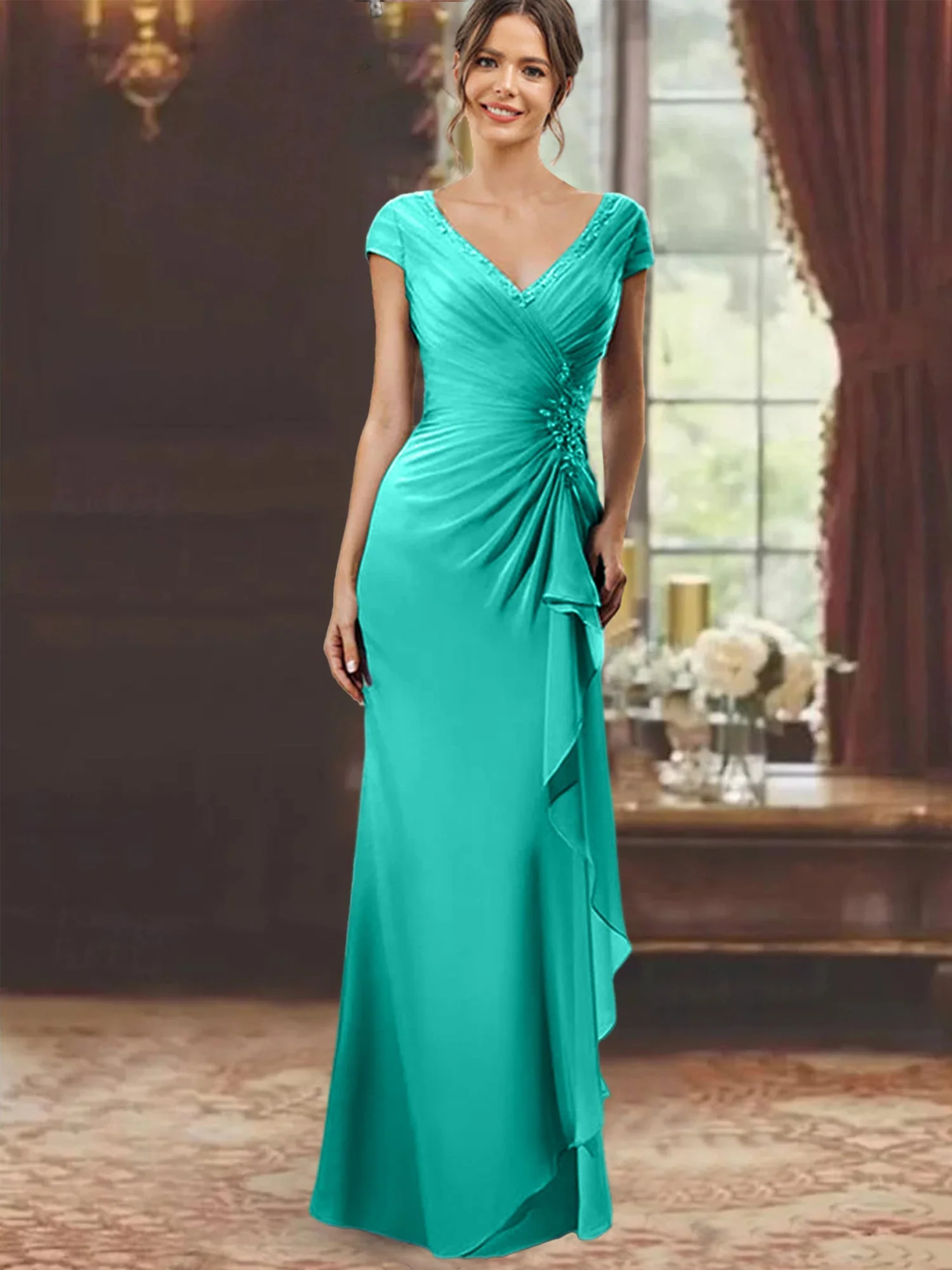 Sheath/Column V-Neck Floor-Length Mother of the Bride Dresses with Short Sleeves - Image 66