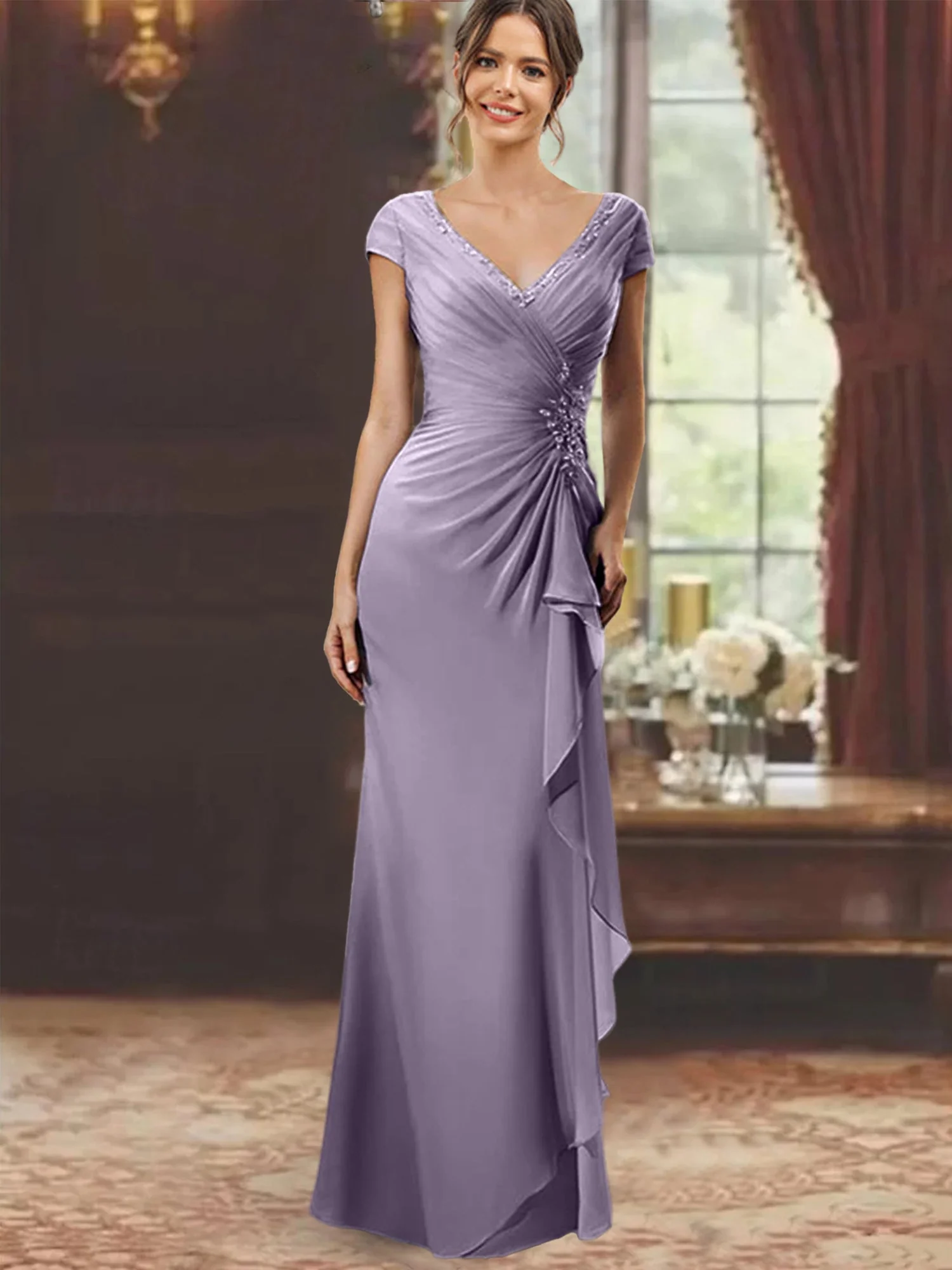 Sheath/Column V-Neck Floor-Length Mother of the Bride Dresses with Short Sleeves - Image 69