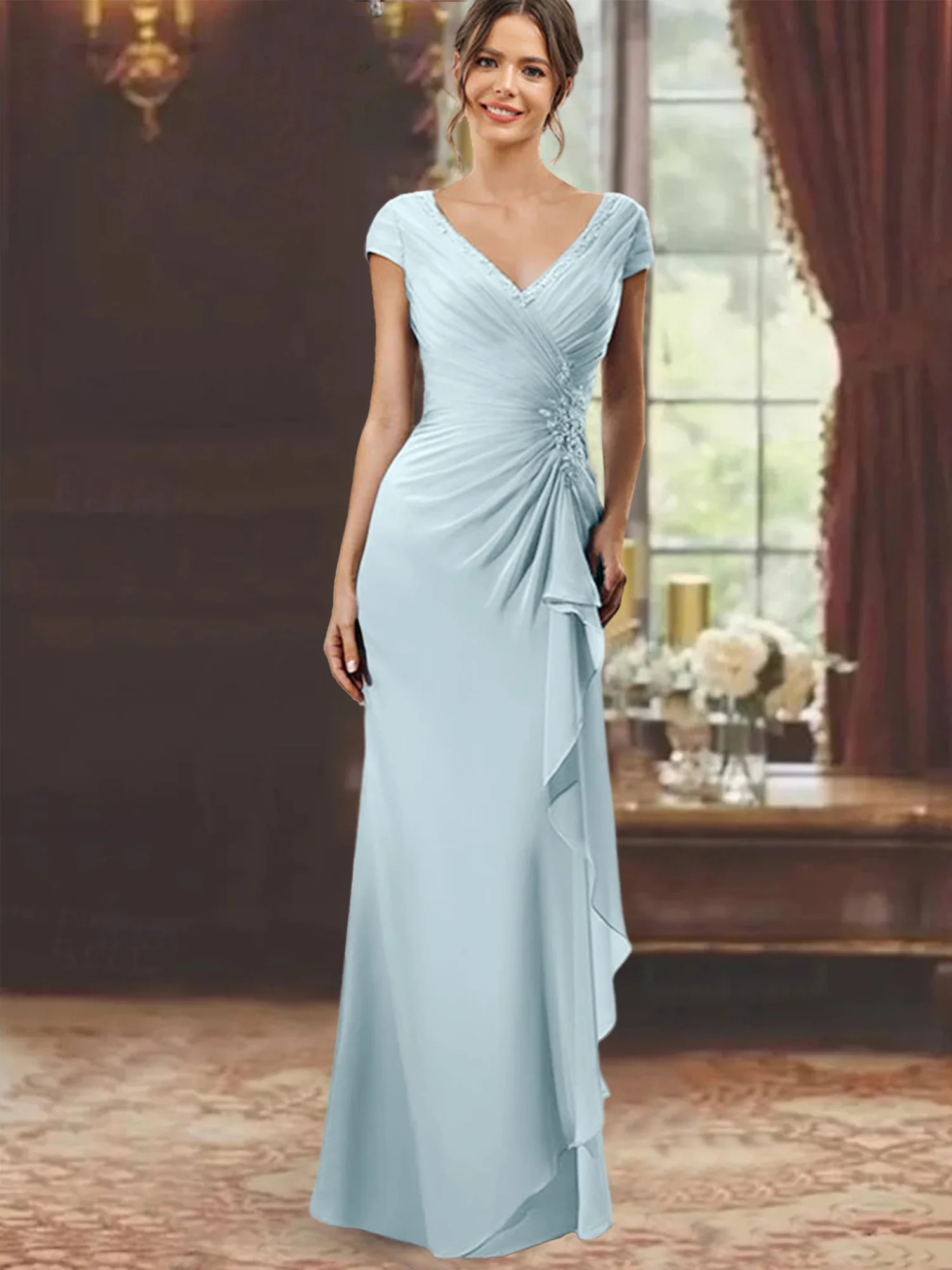 Sheath/Column V-Neck Floor-Length Mother of the Bride Dresses with Short Sleeves - Image 74