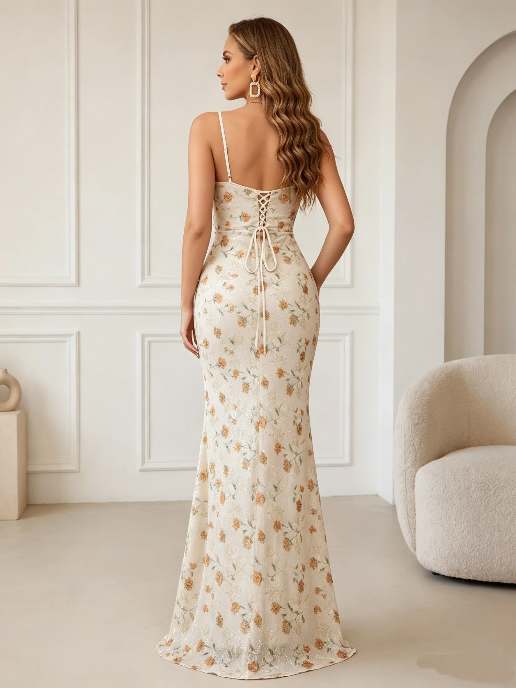 Sheath/Column V-Neck Floral Sequins Wedding Guest Dresses Floor-Length Sleeveless Split Side - Image 2