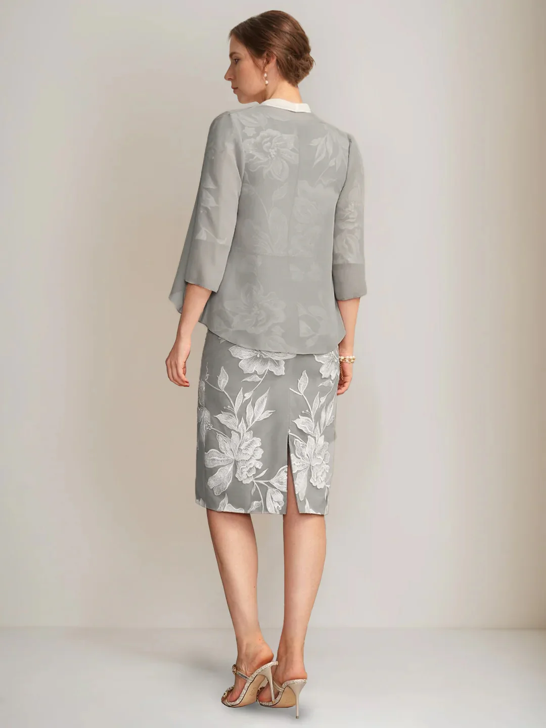 Sheath/Column V-Neck Half Sleeves Knee-Length Beading Mother of the Bride Dresses with Floral Embroidery & Appliques & Jacket - Image 2