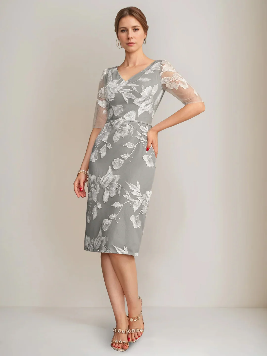 Sheath/Column V-Neck Half Sleeves Knee-Length Beading Mother of the Bride Dresses with Floral Embroidery & Appliques & Jacket - Image 3