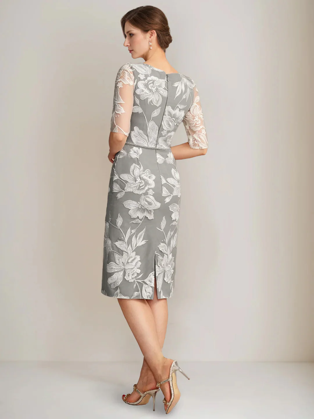 Sheath/Column V-Neck Half Sleeves Knee-Length Beading Mother of the Bride Dresses with Floral Embroidery & Appliques & Jacket - Image 4