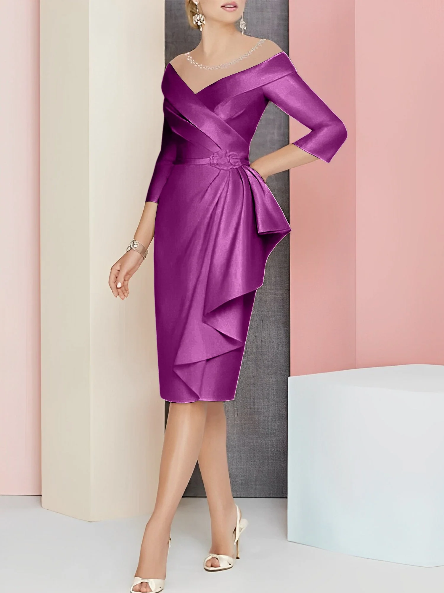 Sheath/Column V-Neck Knee-Length Mother of the Bride Dresses - Image 48
