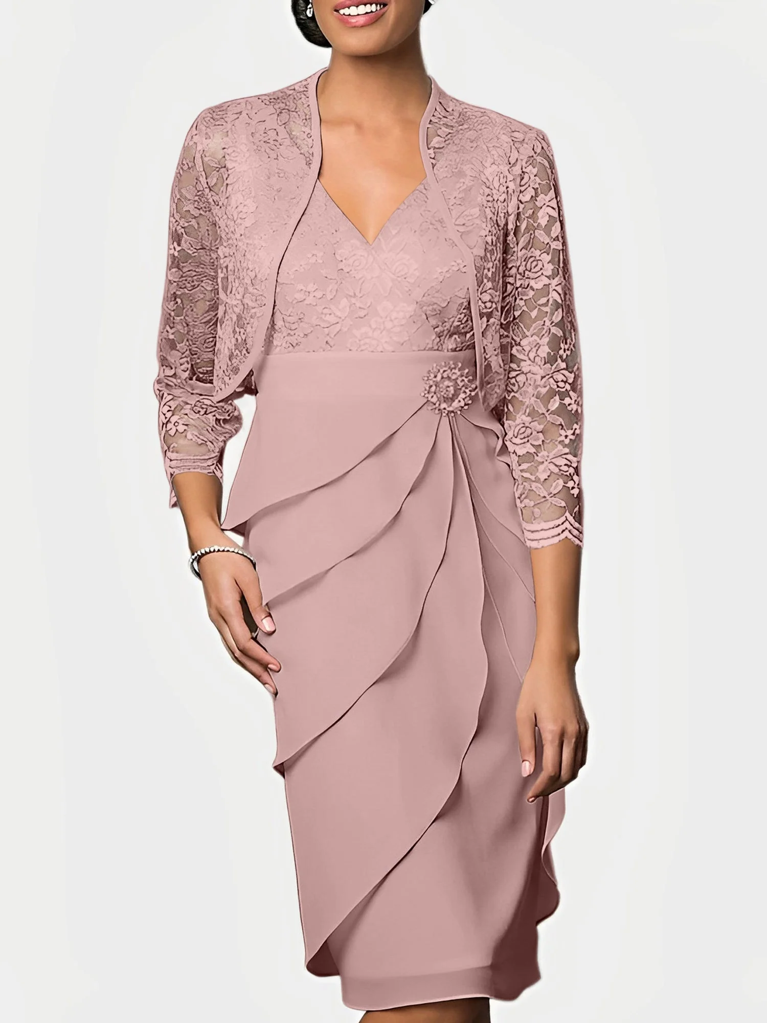 Sheath/Column V-Neck Knee-Length Mother of the Bride Dresses - Image 17