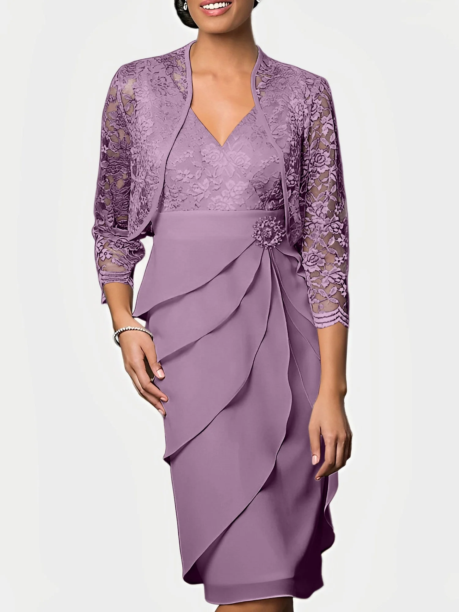 Sheath/Column V-Neck Knee-Length Mother of the Bride Dresses - Image 18