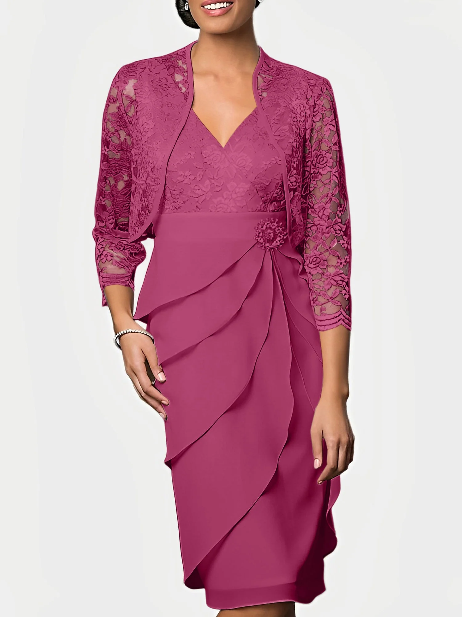 Sheath/Column V-Neck Knee-Length Mother of the Bride Dresses - Image 23