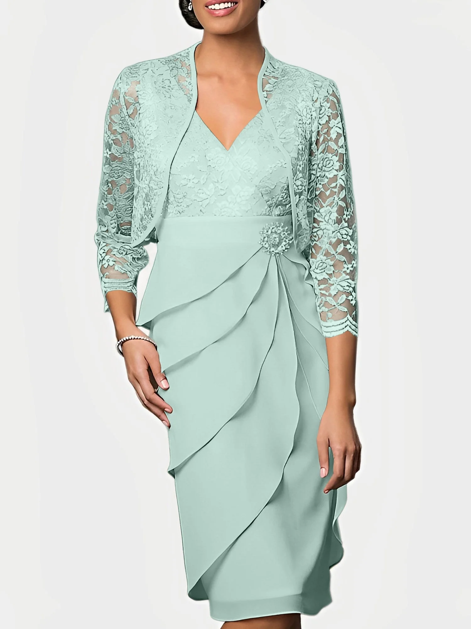 Sheath/Column V-Neck Knee-Length Mother of the Bride Dresses - Image 42
