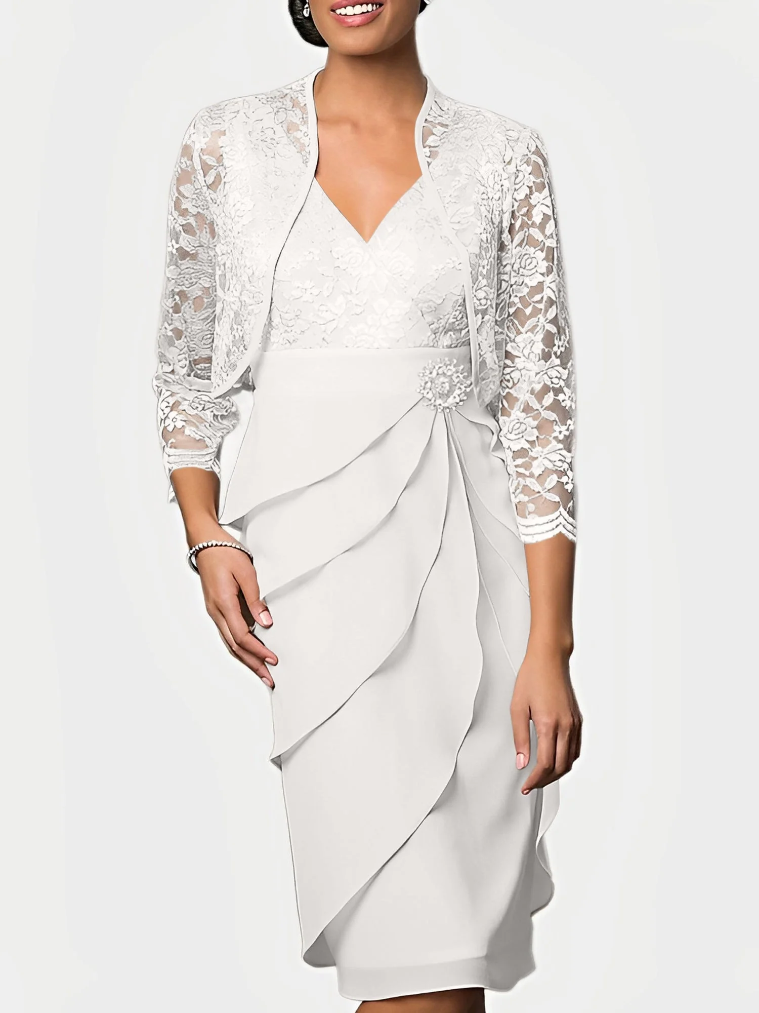 Sheath/Column V-Neck Knee-Length Mother of the Bride Dresses - Image 47