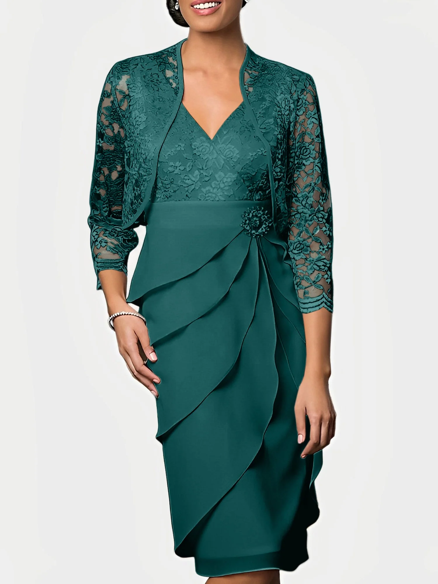 Sheath/Column V-Neck Knee-Length Mother of the Bride Dresses - Image 52