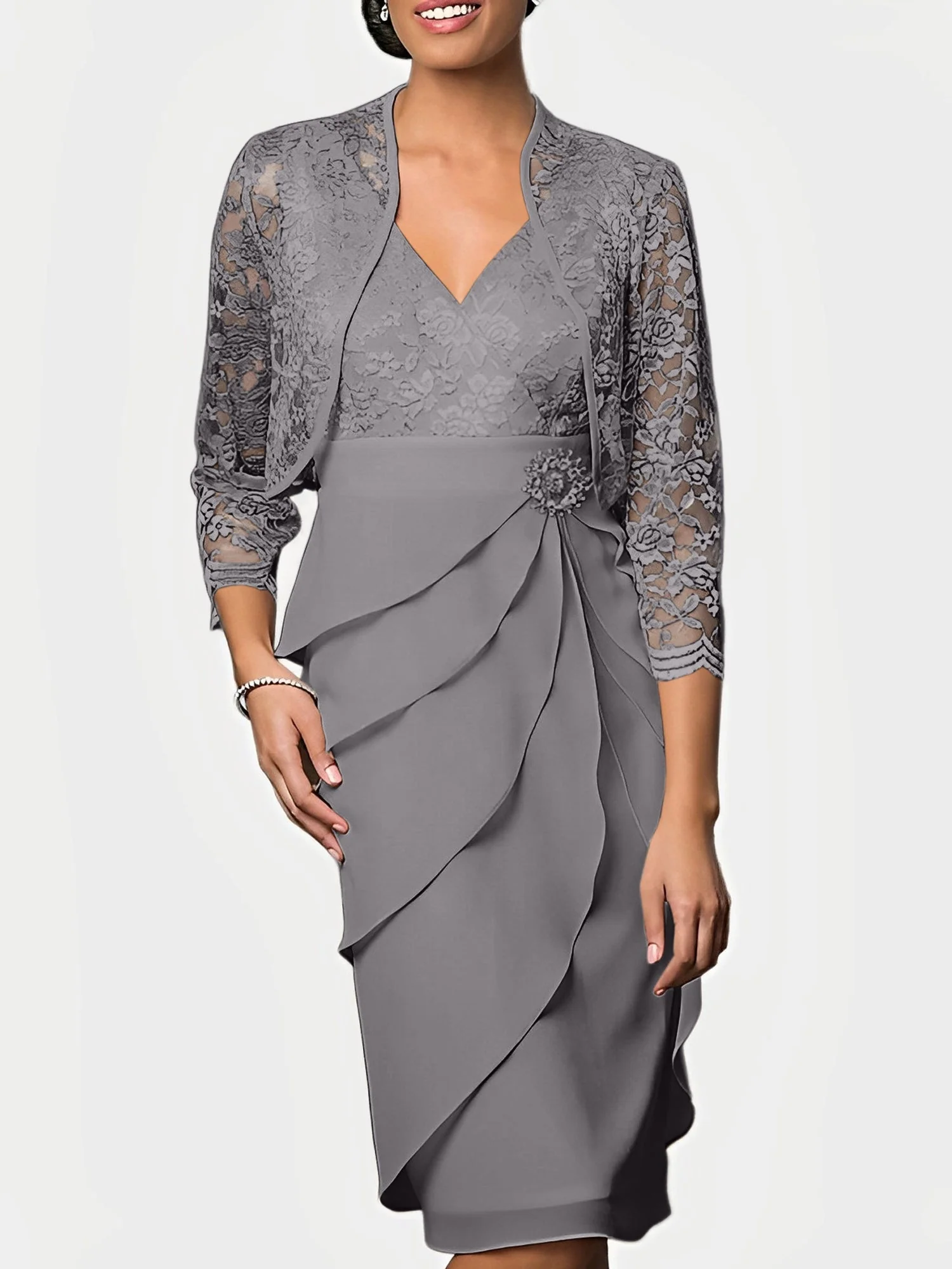 Sheath/Column V-Neck Knee-Length Mother of the Bride Dresses - Image 63