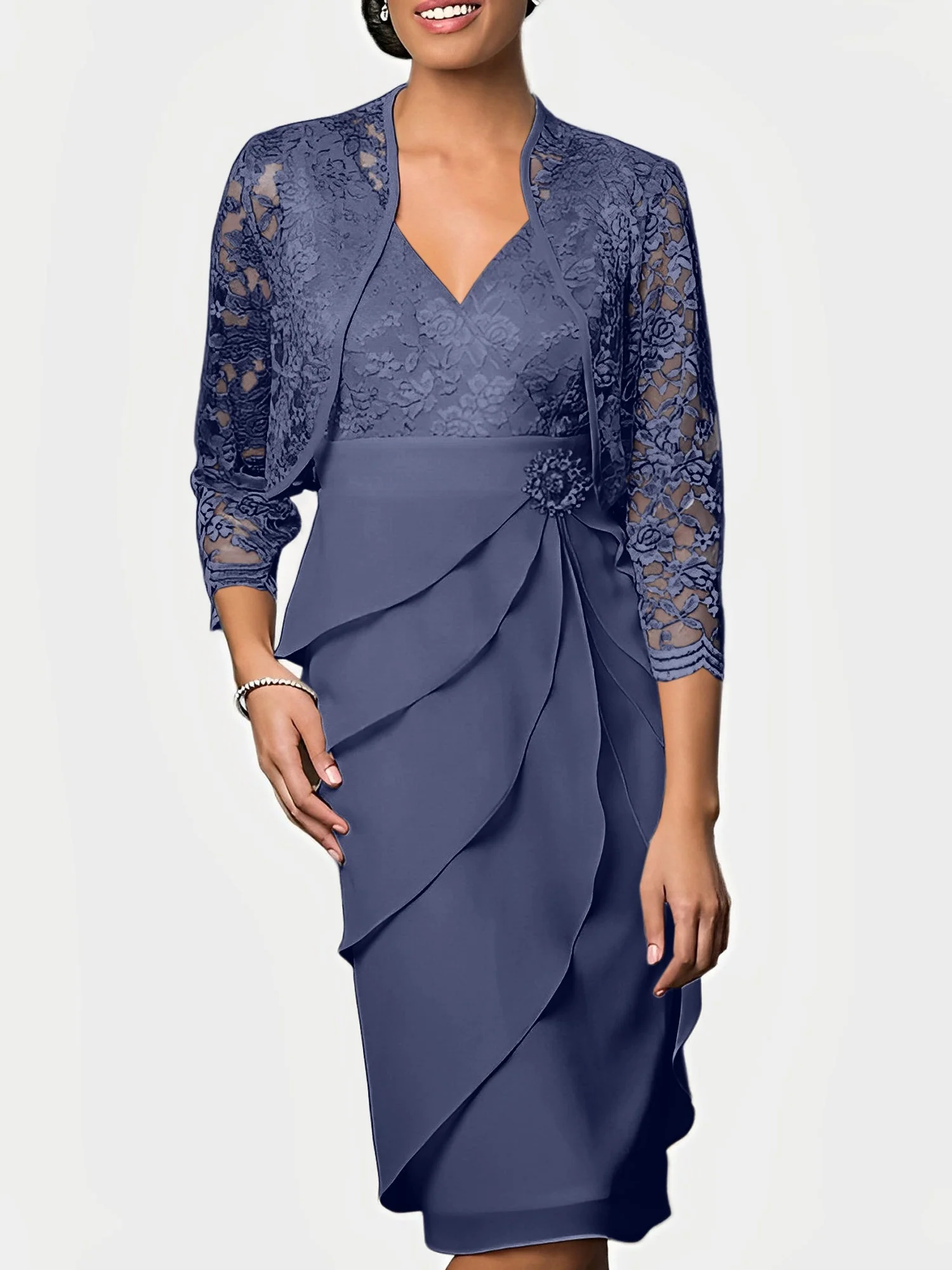 Sheath/Column V-Neck Knee-Length Mother of the Bride Dresses - Image 67