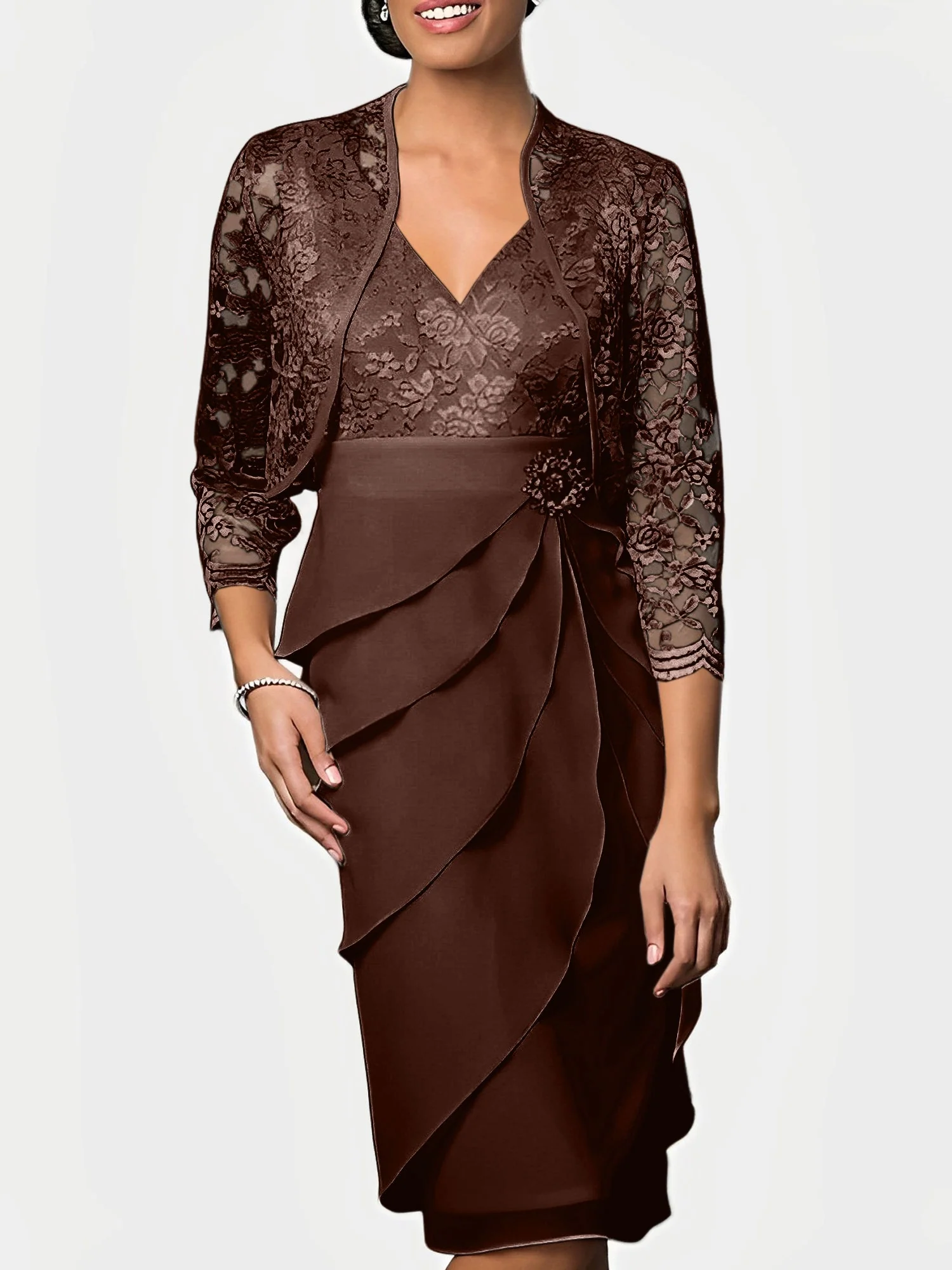 Sheath/Column V-Neck Knee-Length Mother of the Bride Dresses - Image 8
