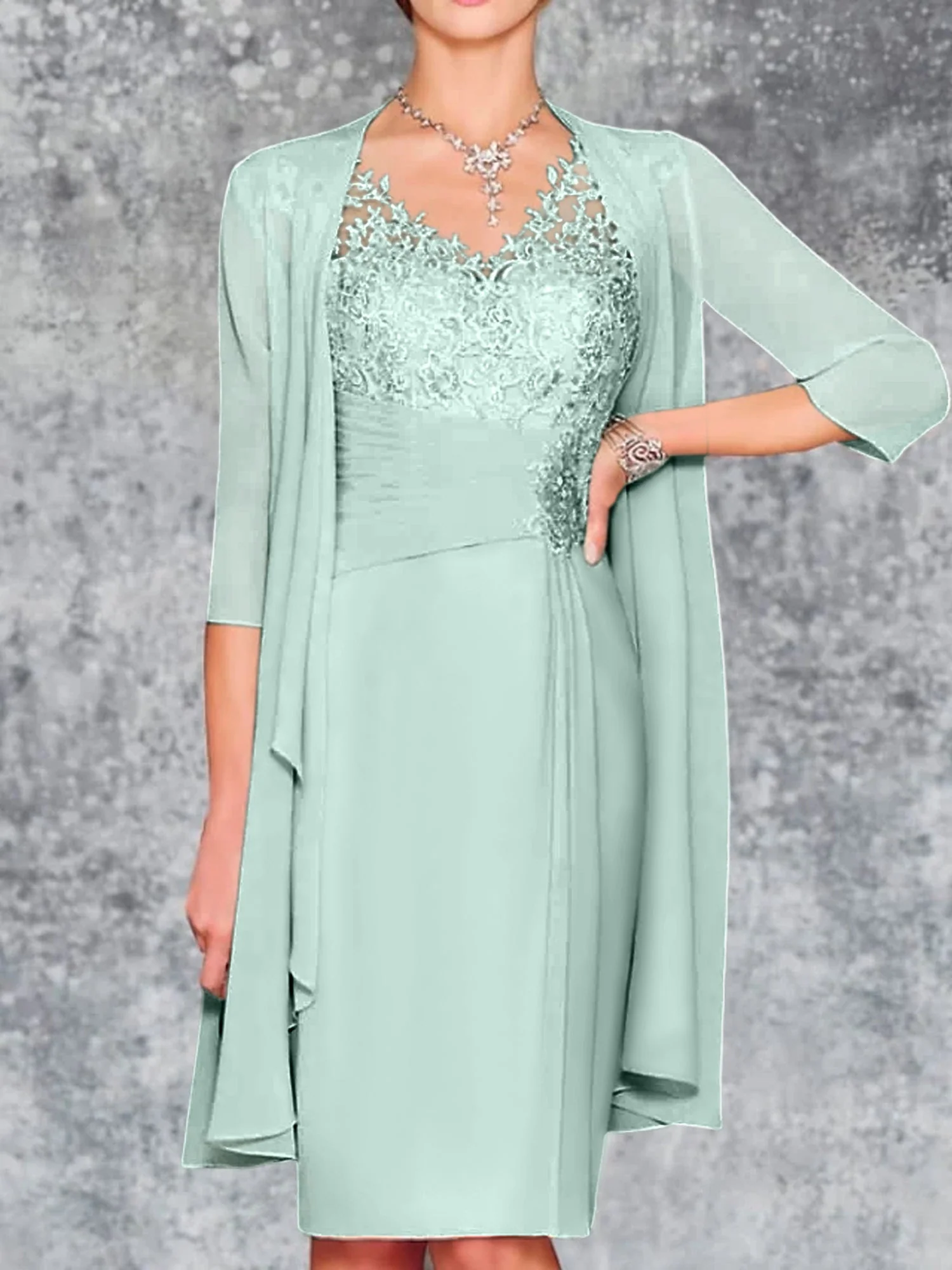 Sheath/Column V-Neck Knee-Length Mother of the Bride Dresses - Image 41
