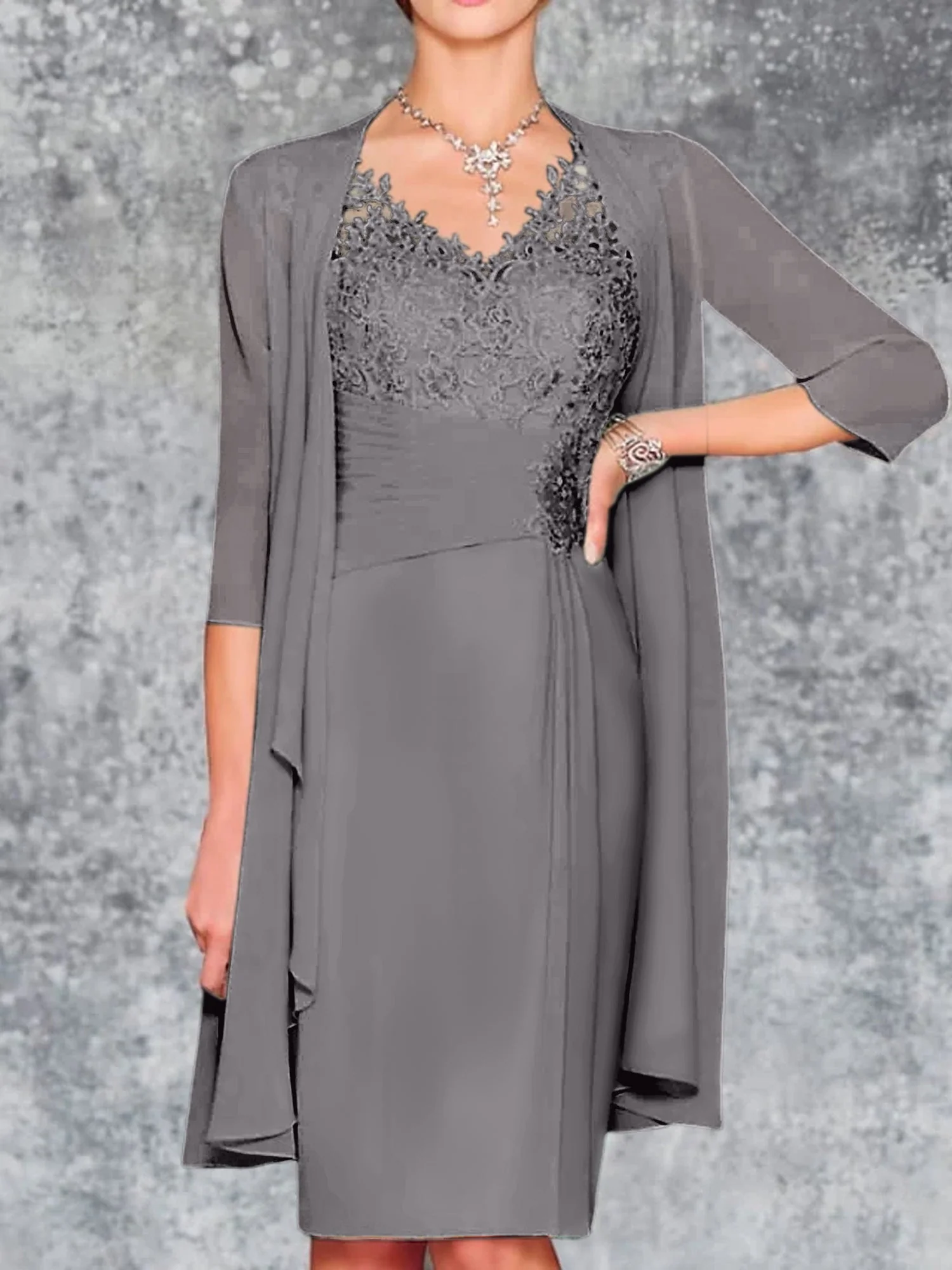 Sheath/Column V-Neck Knee-Length Mother of the Bride Dresses - Image 61