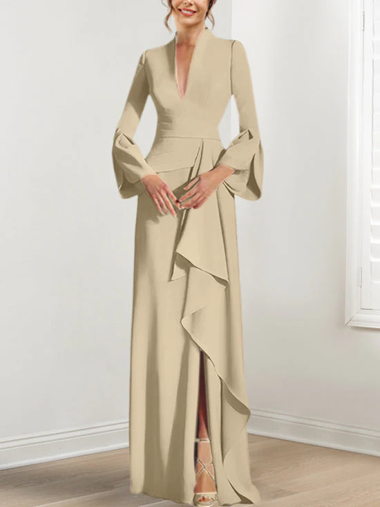 Sheath/Column V-Neck Long Sleeves Floor-Length Mother of the Bride Dresses With Split Side - Image 13