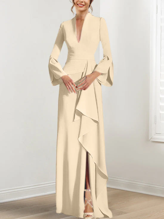 Sheath/Column V-Neck Long Sleeves Floor-Length Mother of the Bride Dresses With Split Side - Image 17