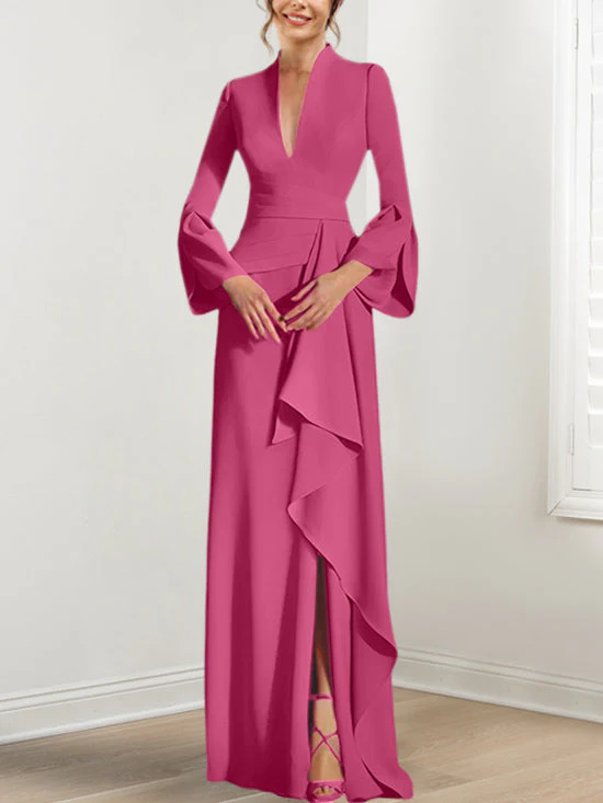 Sheath/Column V-Neck Long Sleeves Floor-Length Mother of the Bride Dresses With Split Side - Image 20