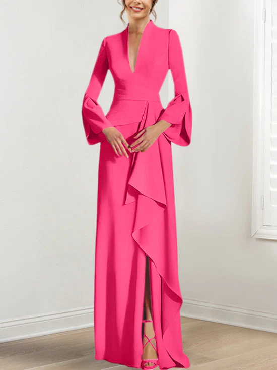 Sheath/Column V-Neck Long Sleeves Floor-Length Mother of the Bride Dresses With Split Side - Image 21
